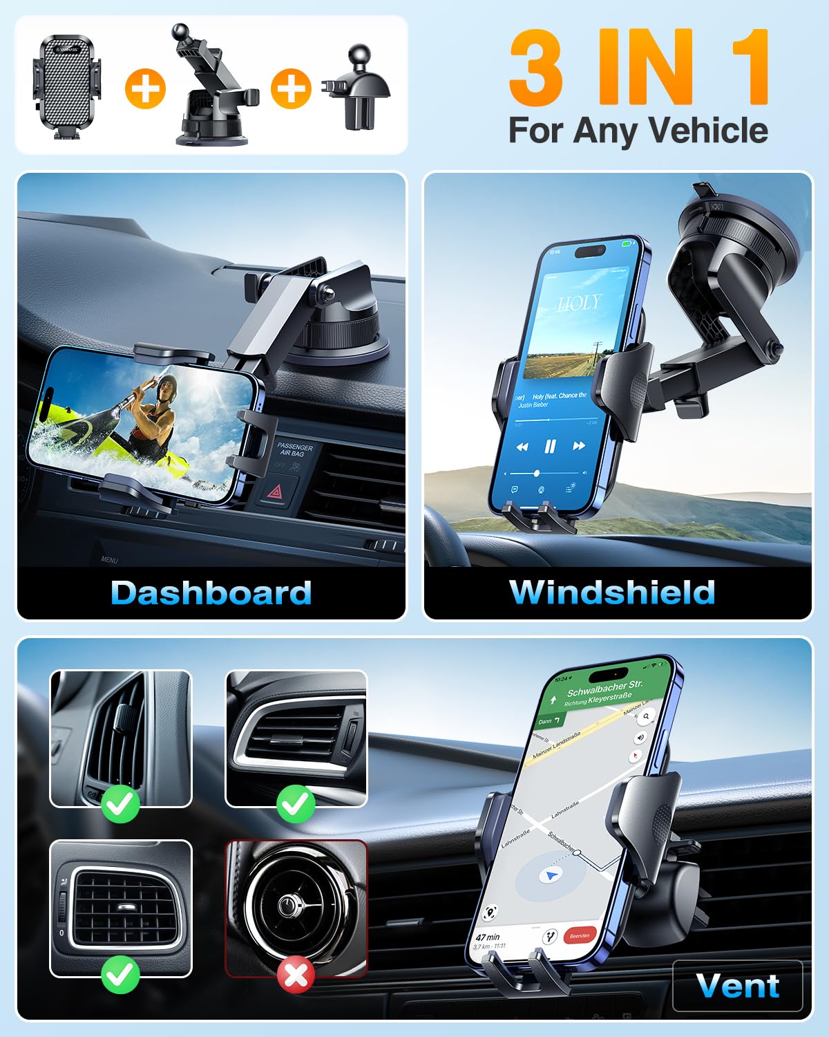 Vanmass [Pro Version] Universal Car Phone Mount [ Super Suction Cup] Phone Holder For Car, Cell Phone Car Mount For Windshield Dash Vent Truck Stand For Iphone 16 Pro Max 15 14 13 Samsung Android