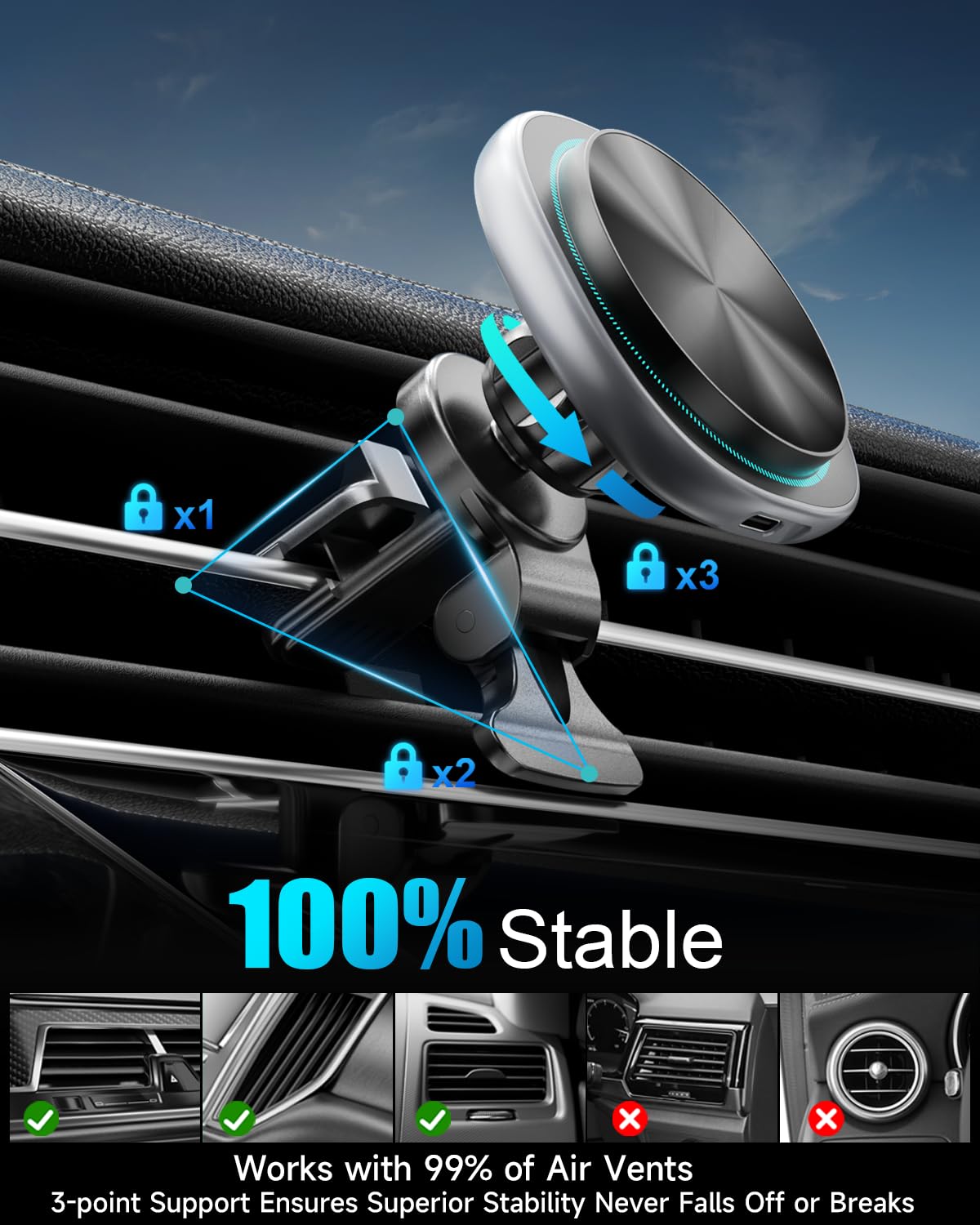 Jimillys Magsafe Car Mount Charger, 15W Fast Charging Strong Magnetic Phone Holder, Air Vent/Dashboard Wireless Charger For Iphone 16/15/14/13/12 Accessories