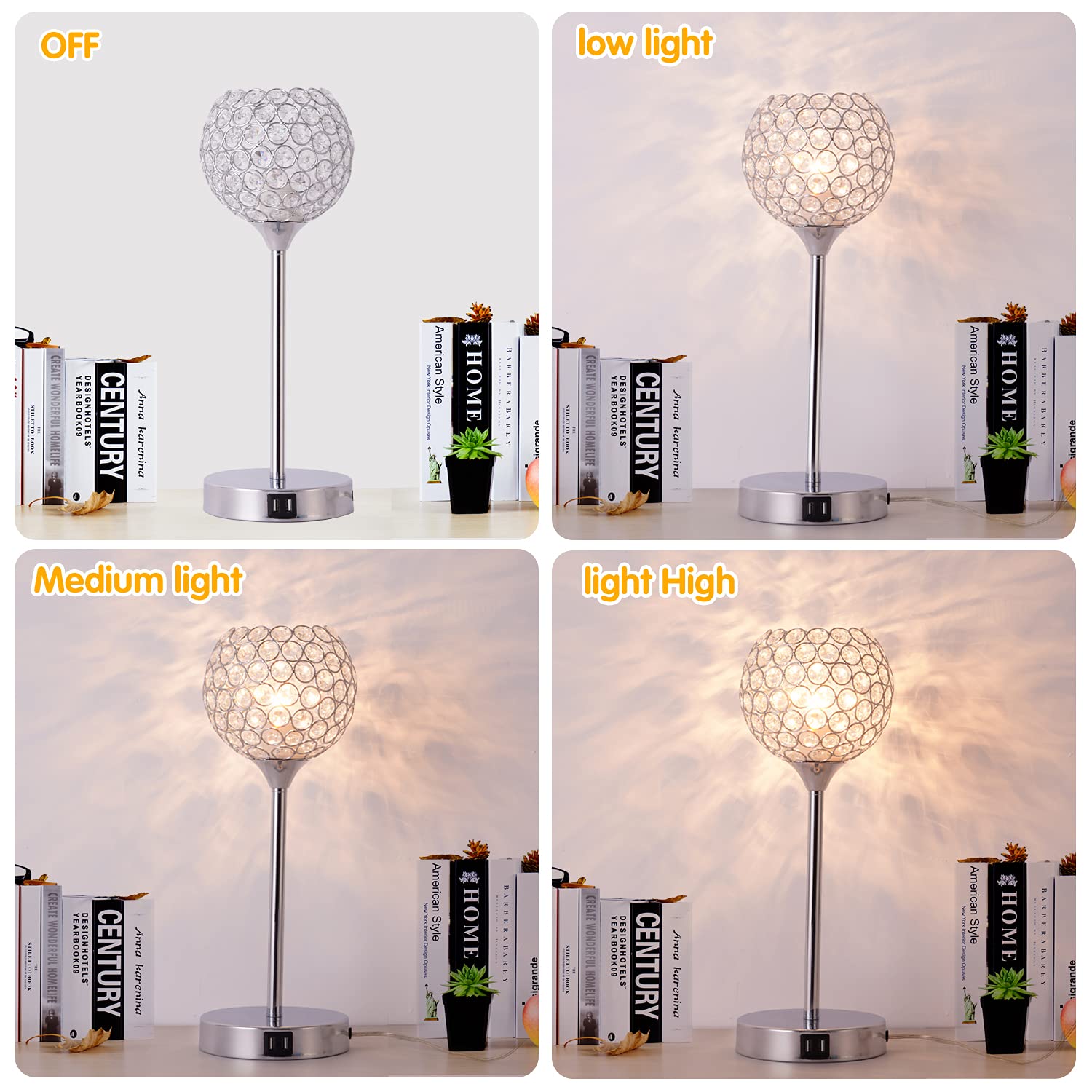 Defloorlight Crystal Touch Control Table Lamp, 3-Way Dimmable Modern Bedside Lamp With 2 Usb Charging Port Nightstand Desk Lamp With Elegant Lamp Shade For Bedroom, Living Room Hotel, Reading, Bulbs Included