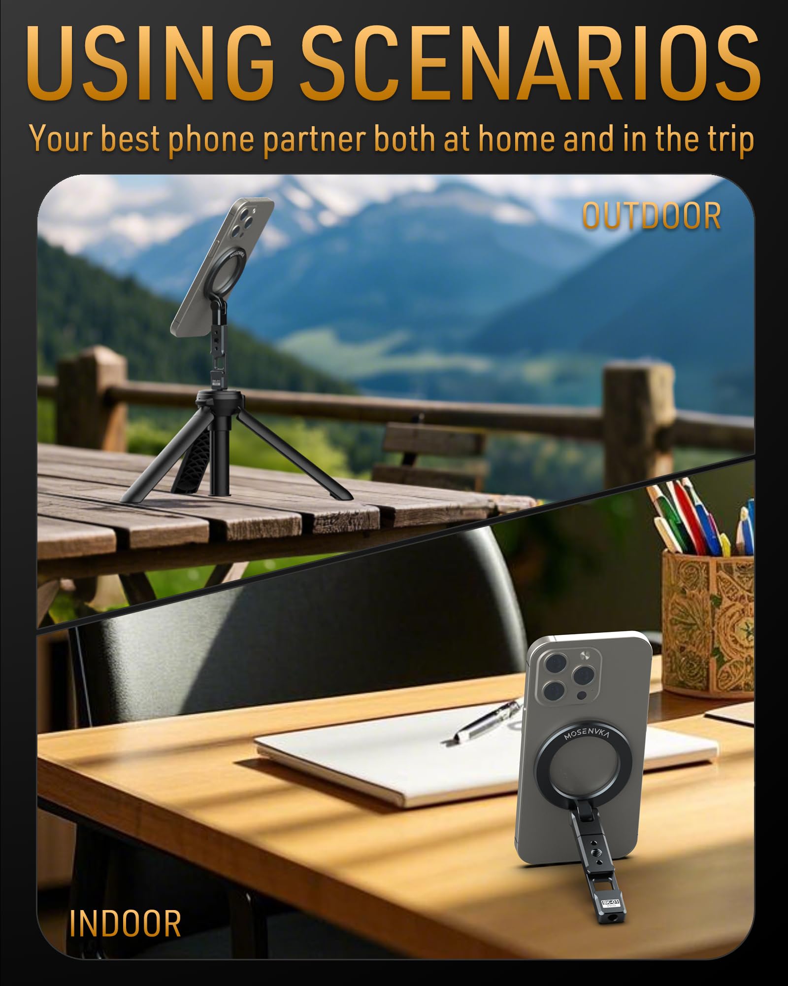 Mosenvka Magnetic Tripod Phone Mount, Phone Grip Stand, Strong Magnet,Foldable Ring Holder Magnetic Handy Kickstand With 1/4" Screw Hole&Cold Shoe Mount For Iphone 16/15/14/13/12/Tripod/Camera