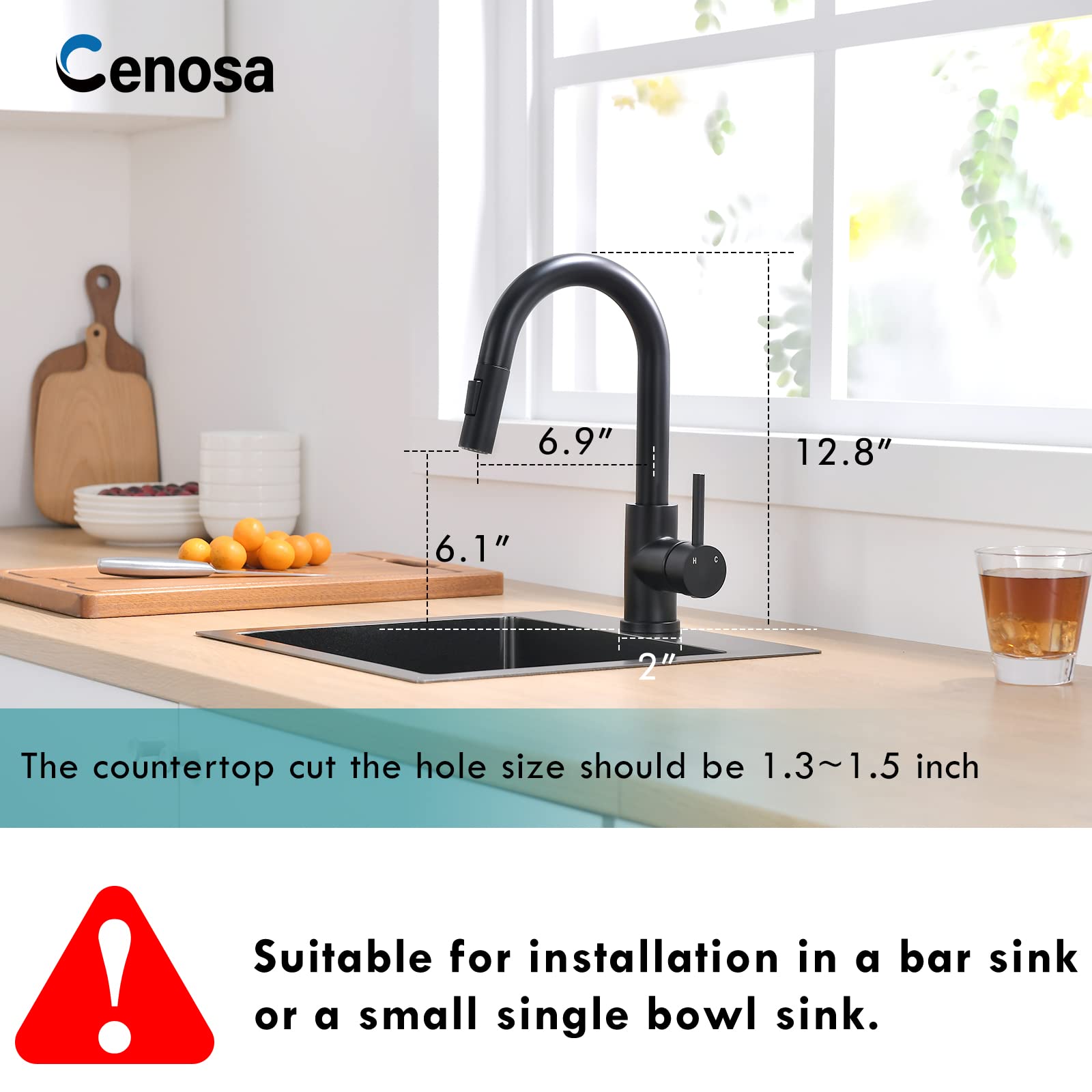 Cenosa Modern Bar Sink Faucet For Kitchen Sink Single Handle With Pull Out Sprayer Hot And Cold Prep Sink Faucet Matte Black
