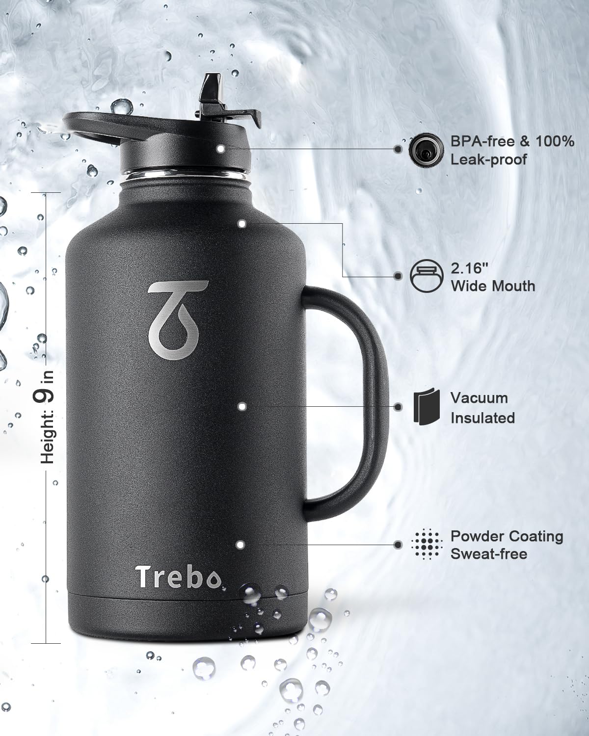 Trebo 64 Oz Water Bottle Insulated With Handle, Half Gallon Stainless Steel Metal Large Water Jug
