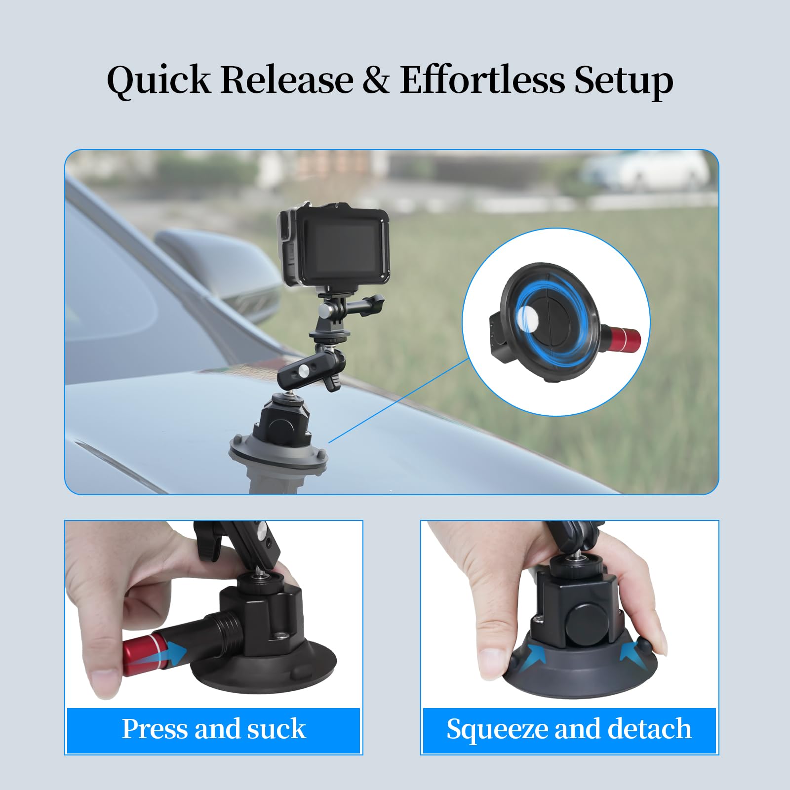 Fifield 3"/7.6Cm Camera Suction Cup Phone Mount With Ball Head Magic Arm, Quick Release Car Mount For Action Camera Phone Dji Insta360, Air Pump Vacuum Suction Cup, 1/4" &3/8" Arri Holes