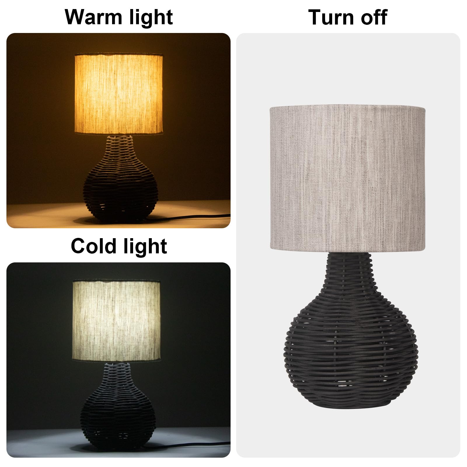 Jcpyiul Rattan Table Lamp With Linen Shade, Vintage Wicker Bedside Desk Lamp For Bedroom & Living Room (Black)