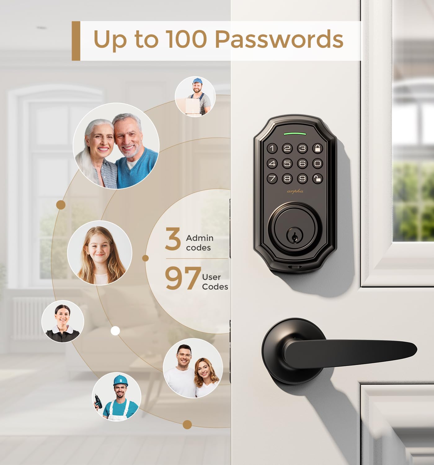 Arpha Smart Door Lock With Keypad & Bluetooth - Keyless Entry Handle Set, App Control, Auto Lock, Anti-Peep Code, 100 User Codes - Fits Us Standard Doors
