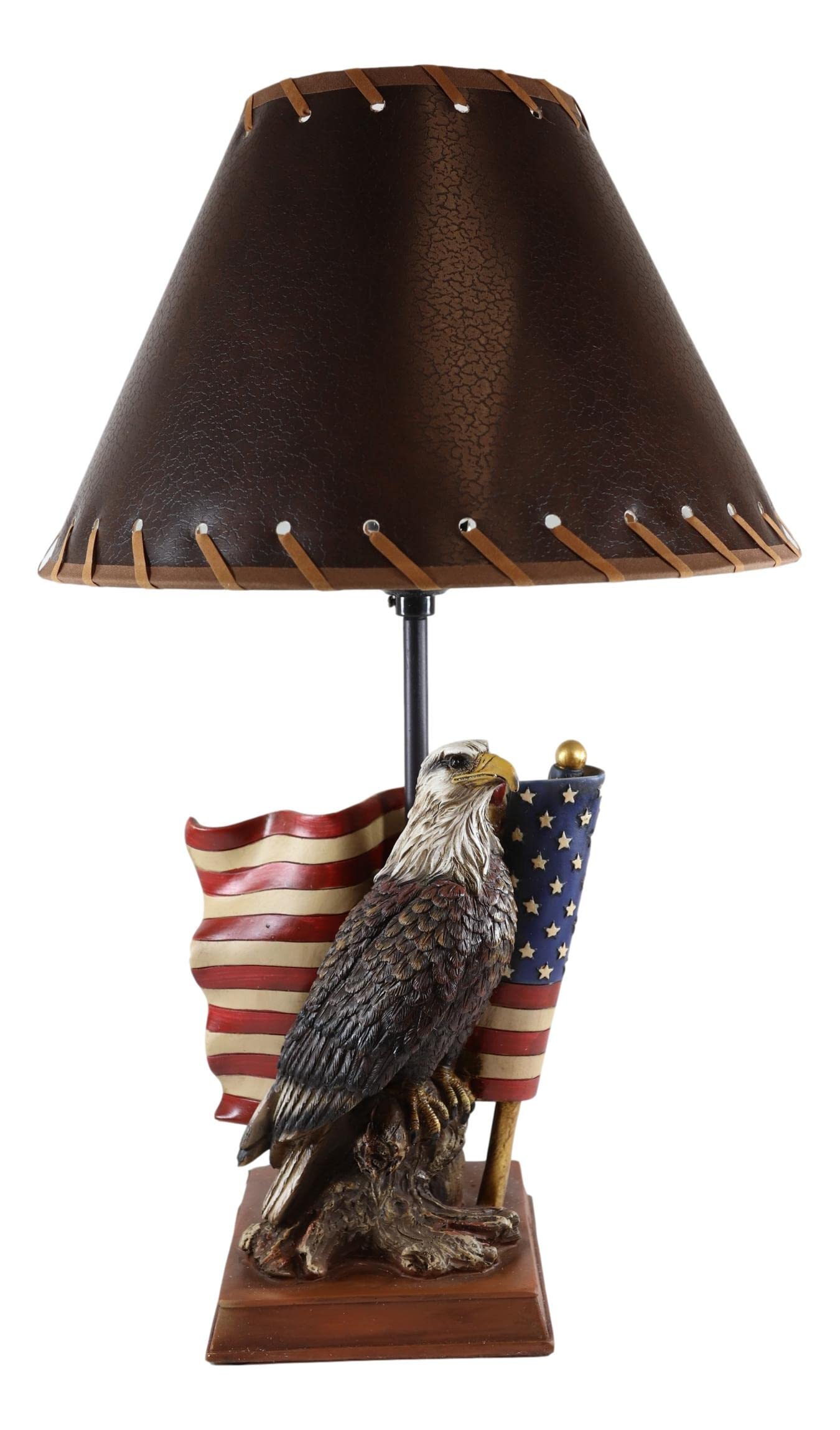 Ebros Gift Rustic Patriotic American Emblem Bald Eagle With Star Spangled Banner Flag Memorial Desktop Side Table Lamp With Brown Faux Leather Laced Shade Land Of The Brave And