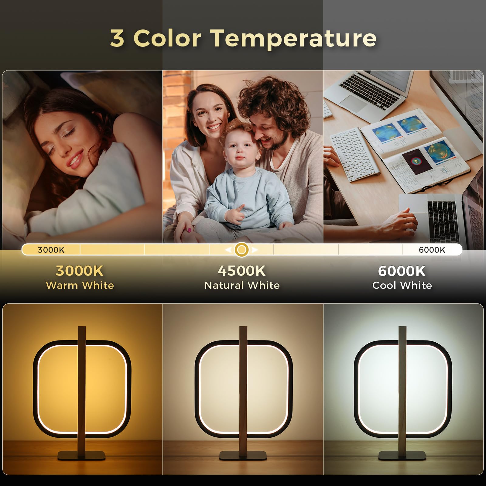 Jioodich. Modern Led Table Lamp, Dimmable Nightstand Lamp For Bedroom, Wooden Touch Bedside Light, 3 Color Temperature Desk Lamp For Living Room, Office, Reading, Black