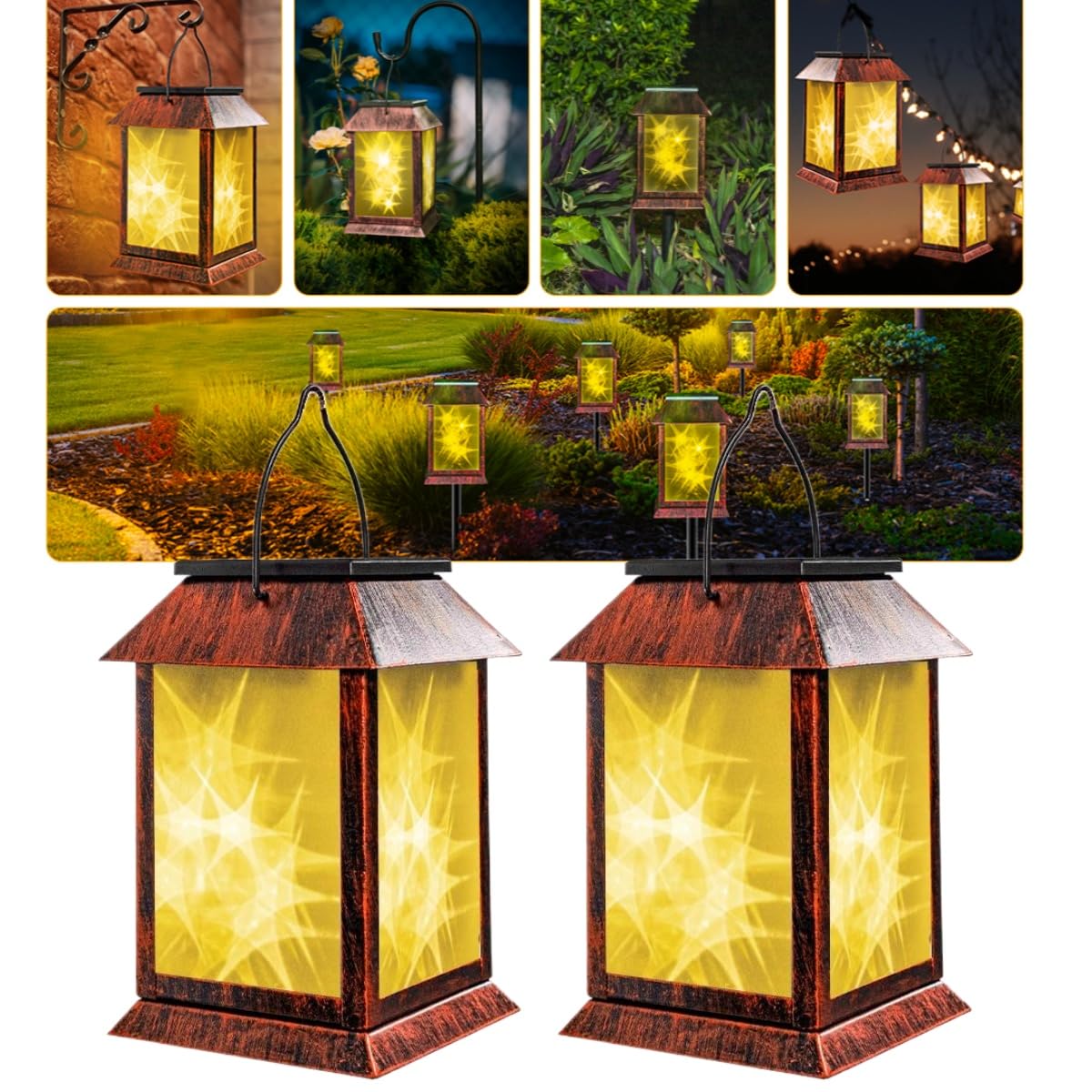 Hmkjwy Solar Lanterns Outdoor Waterproof Flashing Mode Solar Lantern Outdoor Lights Vintage Medieval Decor 3D Starry Hanging Outdoor Lanterns Lights Stake Lights For Yard Garden Decor（2Pcs）