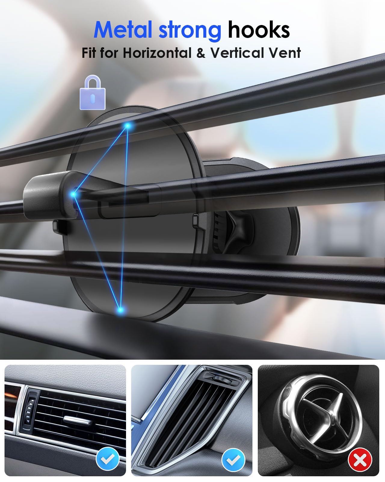 Volport Magnetic Phone Mount For Car Vent: [Strong Magnet Clip Hook] Air Vent Holder For Iphone 16/15/14/13/12 Pro Max Plus Samsung S24 Ultra S24+ All Cell Phone & Tablets (Sliver)