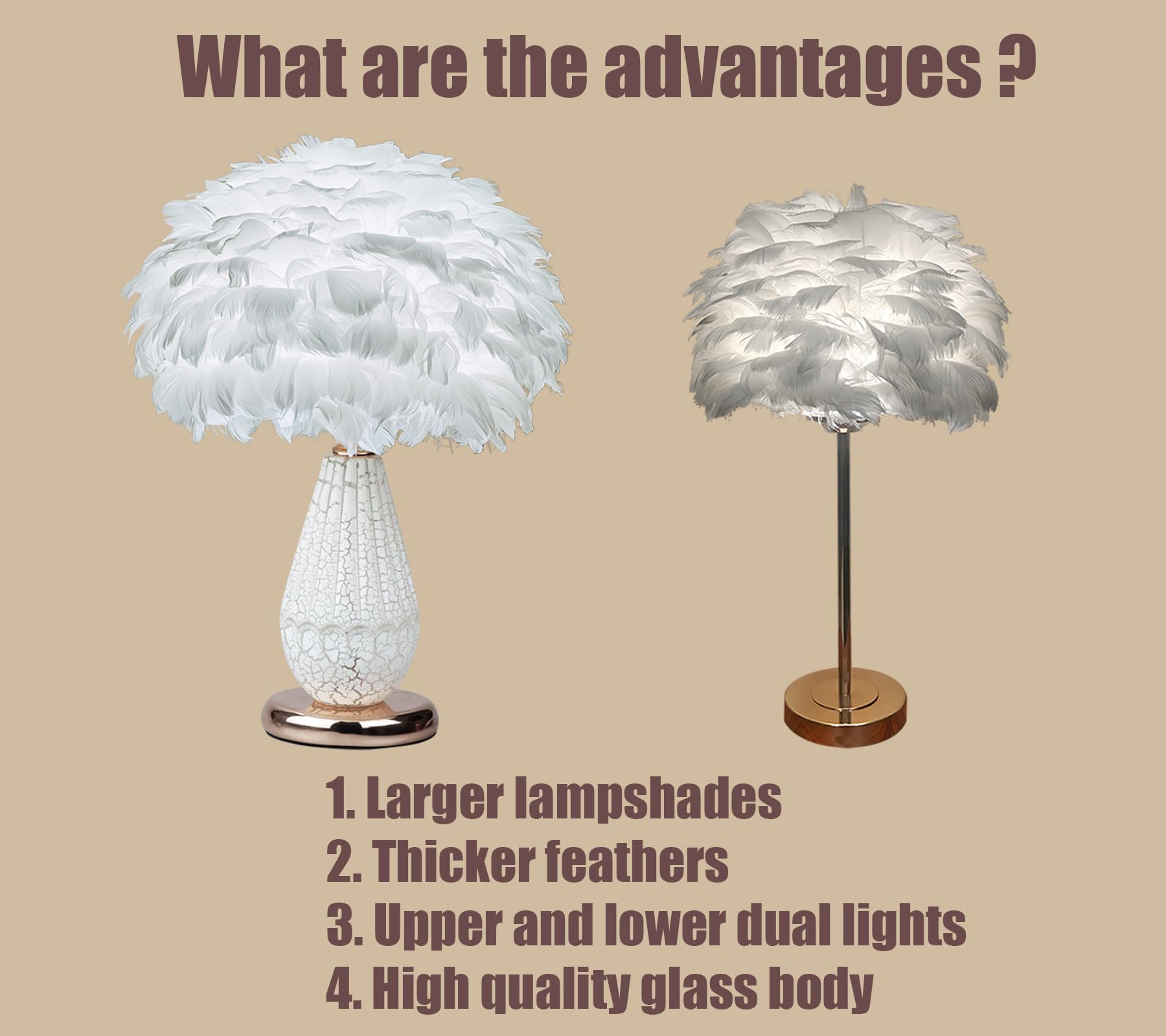Lincwonz White Feather Lamp For Nightstand With Dual Light, White Table Lamp For Girls Bedroom,Modern Home Decor, Gold Base(White Feathers)