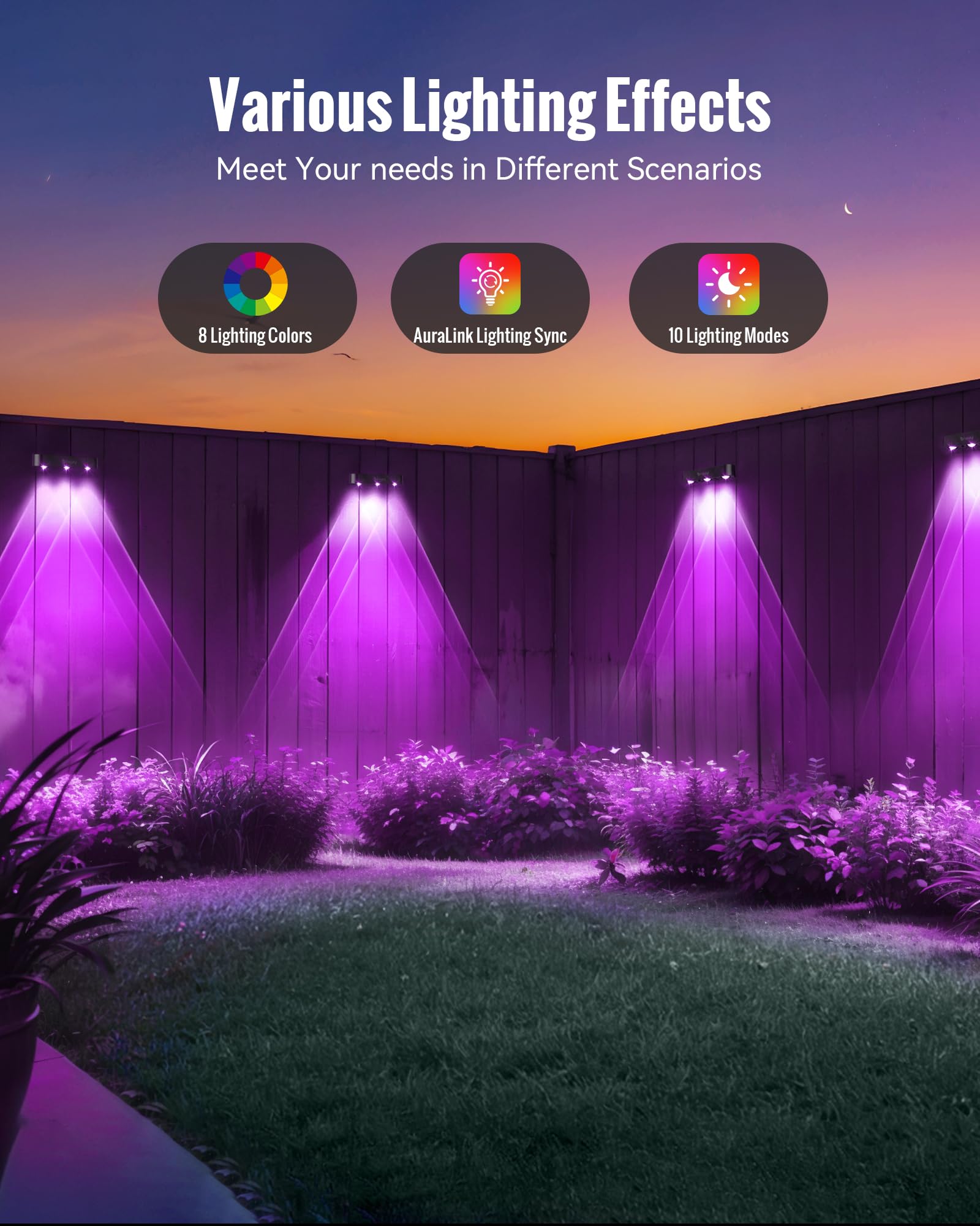 Fabstyl Solar Outdoor Fence Lights Solar Powered 4 Pack, 50Lm Rgb Outdoor Solar Lights With Sync Group Control & 10 Light Modes, Solar Lights Outdoor Waterproof Ip65 For Outside Porch, Wall, Deck