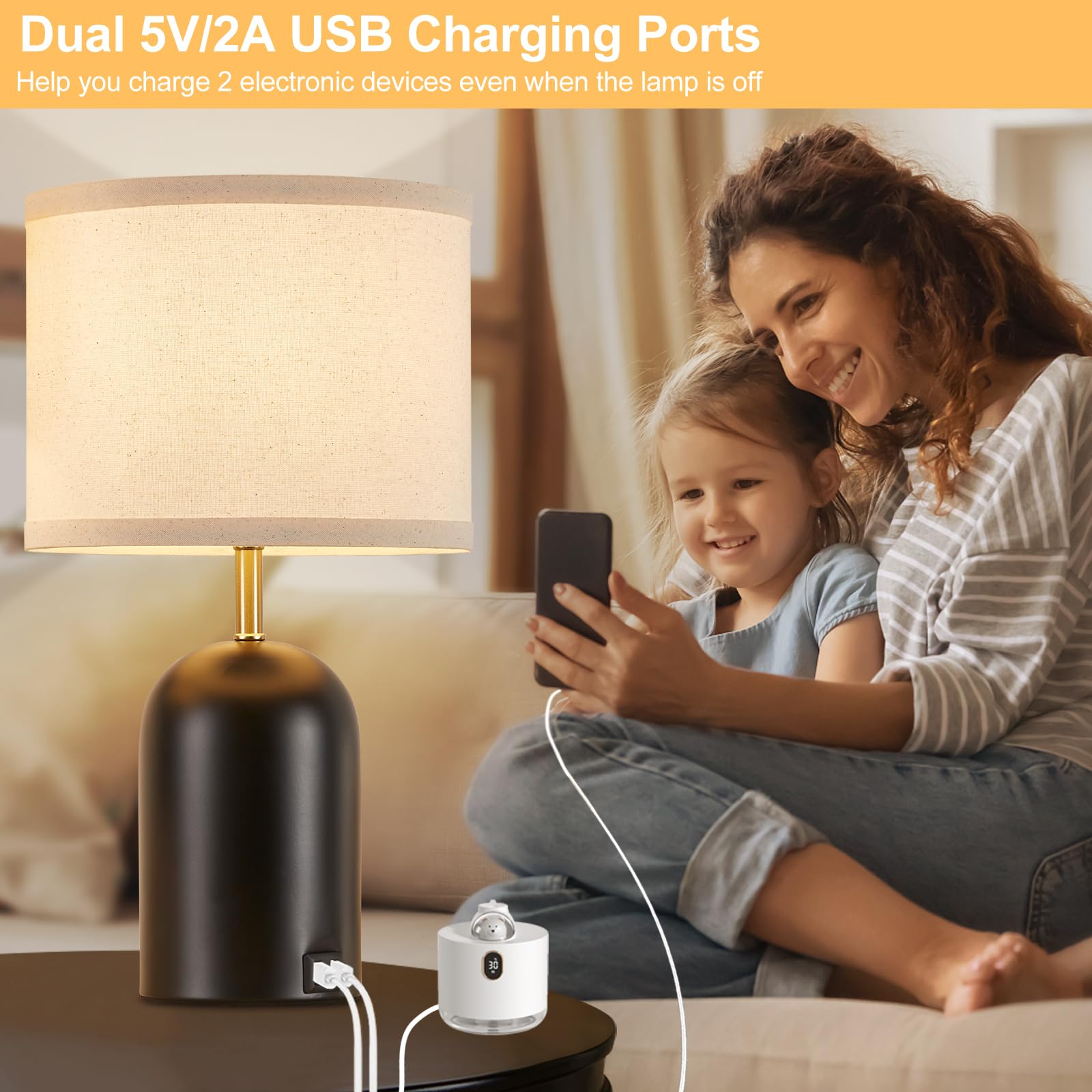 Gyrovu Touch Control Table Lamps Set Of 2, Modern Bedside Lamp With 2 Usb Ports, 3-Way Dimmable Gold And Black Nightstand Lamp With Fabric Shade For Living Room Bedroom Office Dorm(Led Bulbs Included)