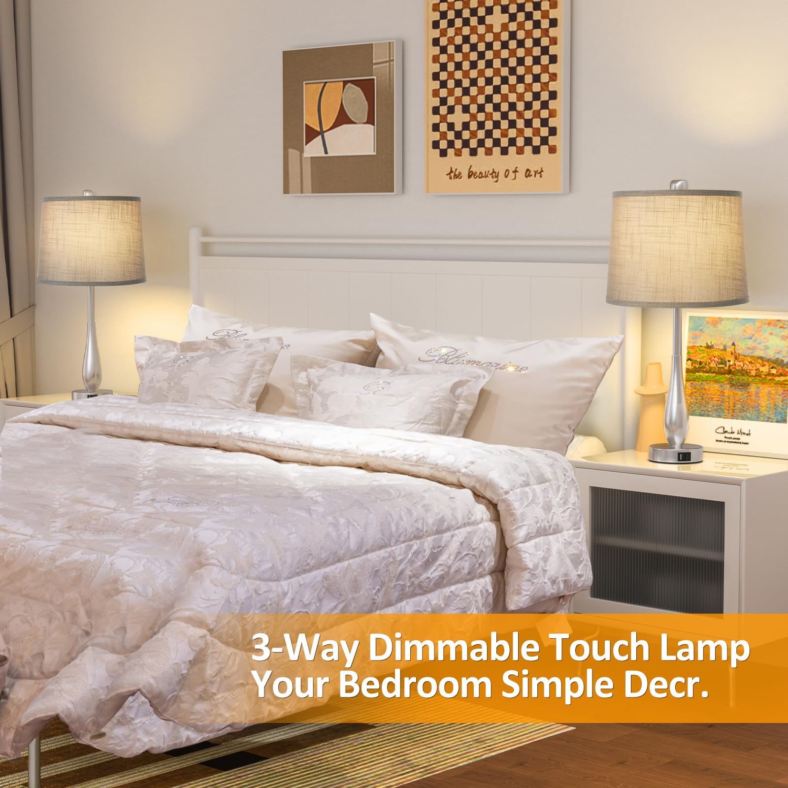 Cnxin 24" Touch Table Lamps For Bedroom Set Of 2, 3 Way Dimmable Bedside Nightstand Lamps With Usb C A Port, Modern Lamps For Living Room End Table With Brushed Nickel Body Grey Shade, Bulbs Included