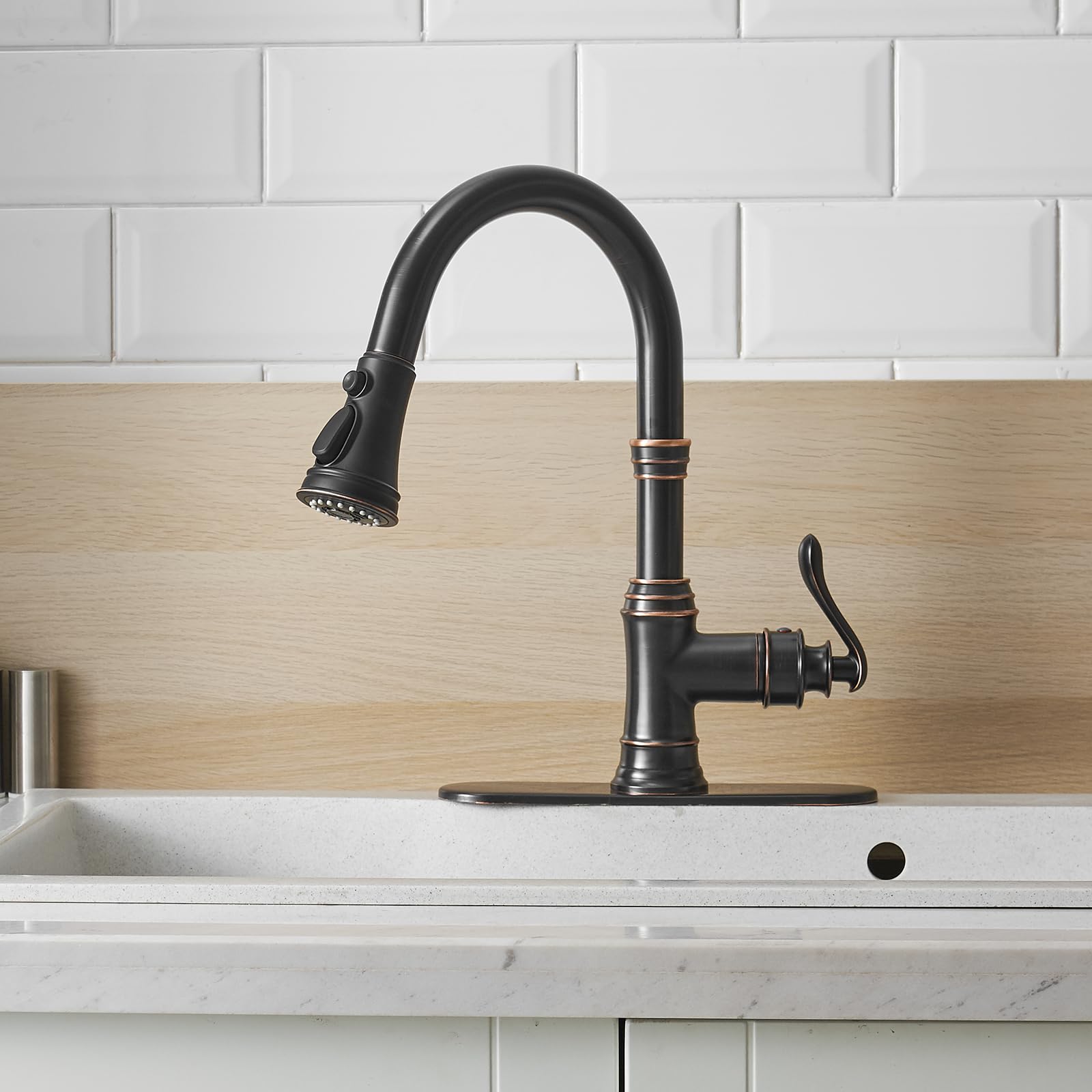 Bathlavish Bronze Kitchen Sink Faucet Oil Rubbed With Pull Down Sprayer Commercial Farmhouse Single Hole Single Handle With Hole Cover Plate Solid Brass