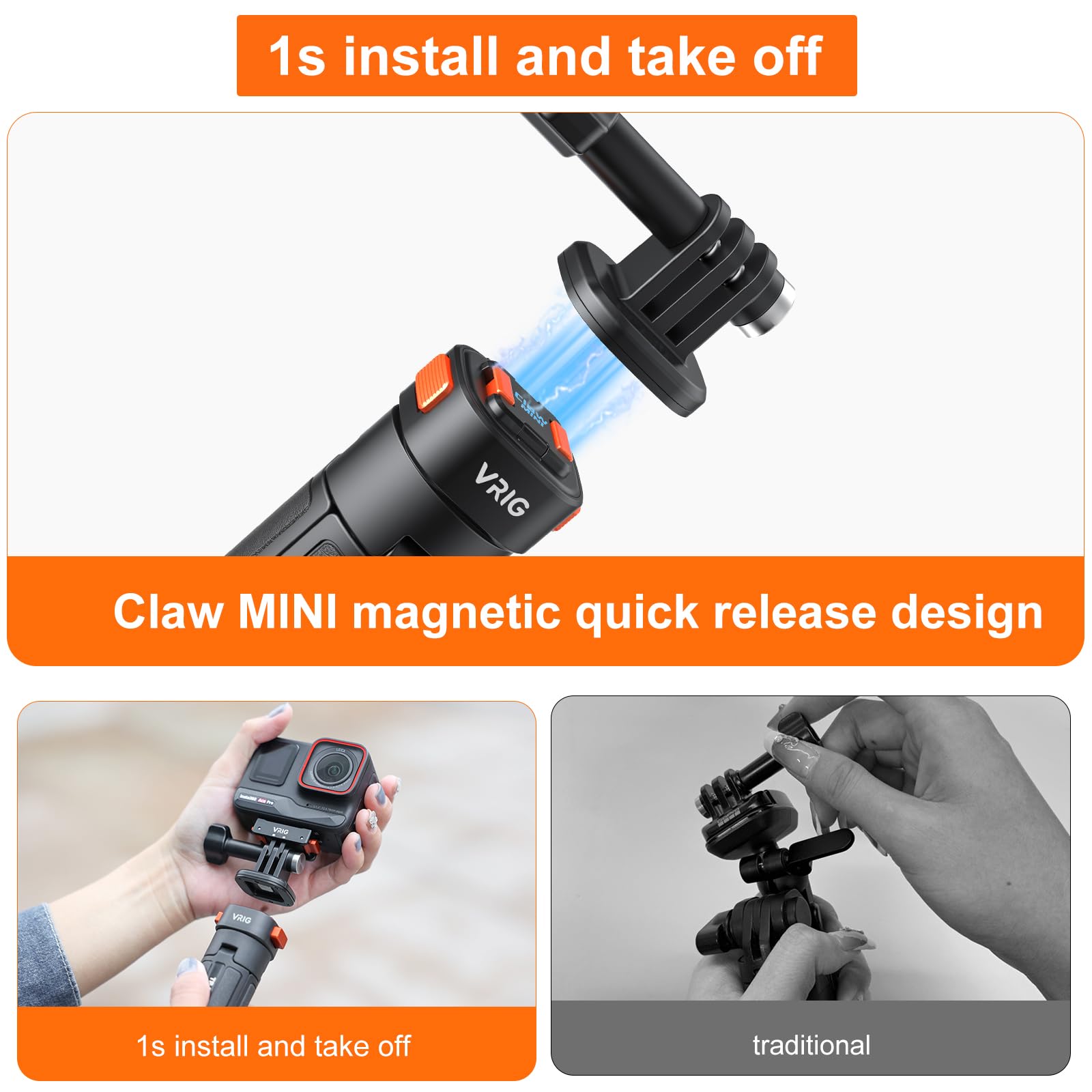 Vrig 20In Selfie Stick Tripod For Action Cameras, Extendable Tripod And Magnetic Quick Release Mount Adapter Vlog Accessories For Gopro Hero 13 12 11 10 9 8 7 6 5 / Dji Osmo Action