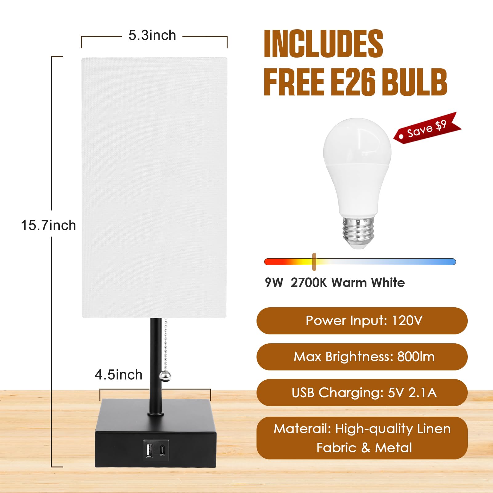 Pritsau Bedside Table Lamp, Pull Chain For Bedroom With Usb-C Usb-A Charging Ports, 2700K Led Bulb With Fabric Lampshade, Nightstand Lamp For Living Room Bedroom Office Study Room (White)