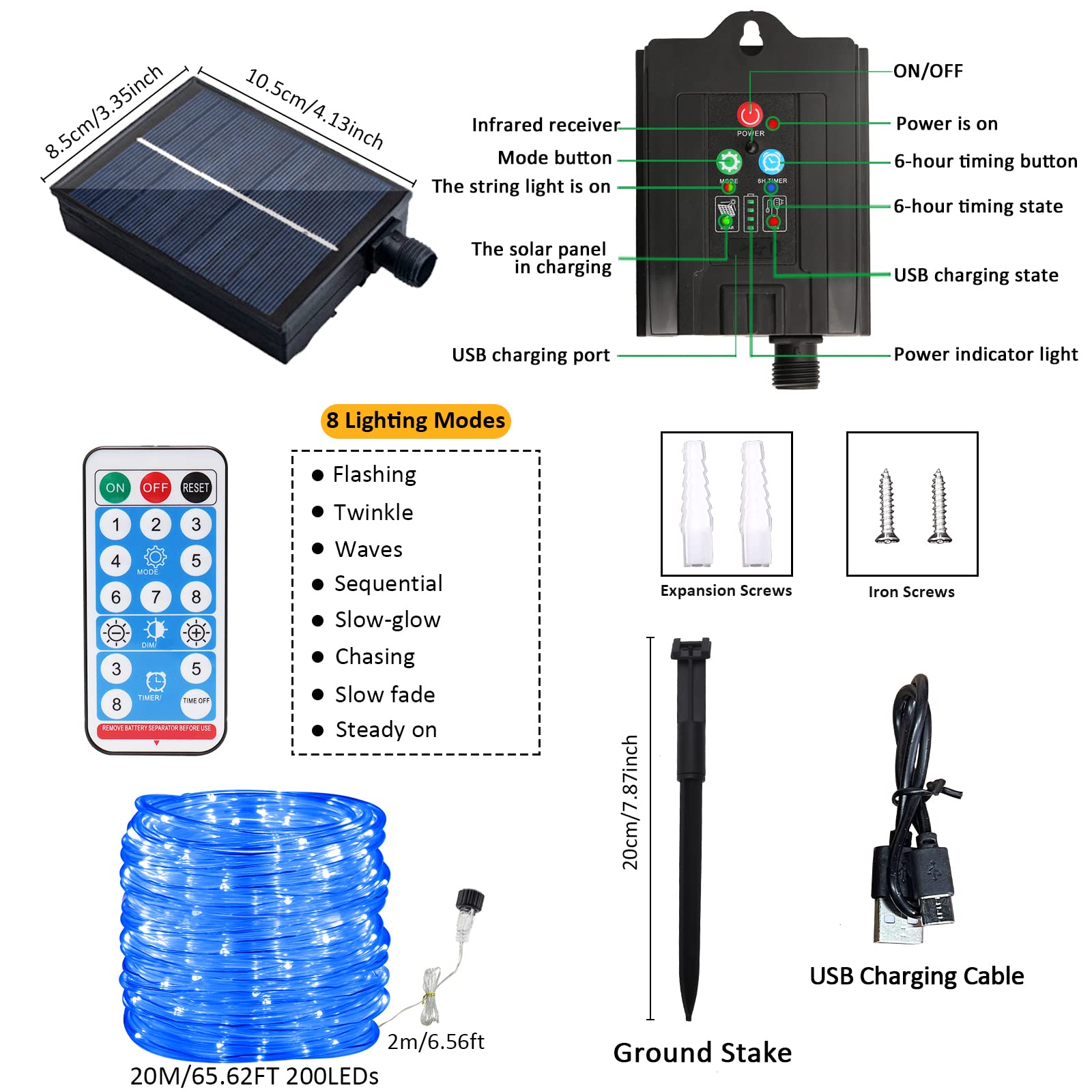 Jimacro Outdoor Solar Led Rope Lights, Ip65 Waterproof Rope Lights 22M/72.2Ft 200Leds Solar Decoration Lights With 8 Lighting Modes, Rope Fairy Light For Garden Tree Party Christmas Decoration