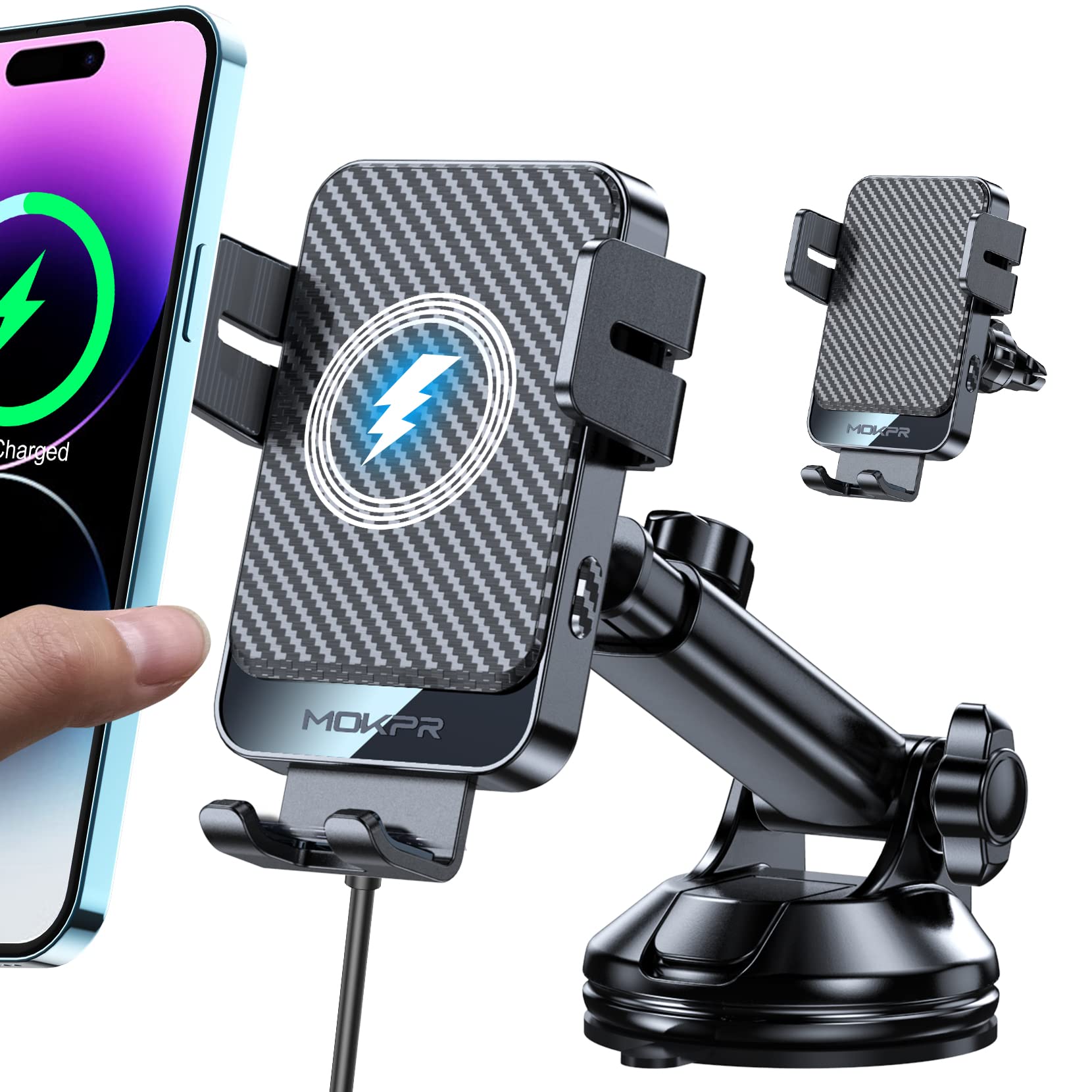 Mokpr Wireless Car Charger, 15W Fast Charging Auto-Clamping Car Mount Universal Hands- Car Charger Mount For Dash Windshield Air Vent Compatible With Iphone 16 15/14/13/12, Samsung S23/S22/S21,Etc