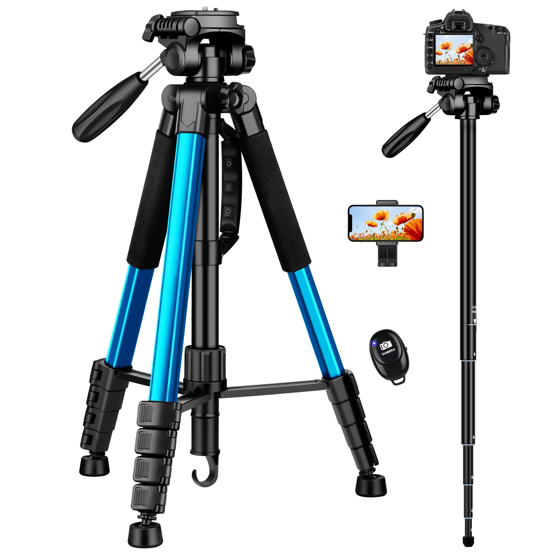 Victiv 72 Inch Camera Tripod, Tall Tripod For Camera Cell Phone, Heavy Duty Camera Tripod Stand, Professional Aluminum Monopod, Compatible With Canon Nikon Sony Dslr Cameras - Blue