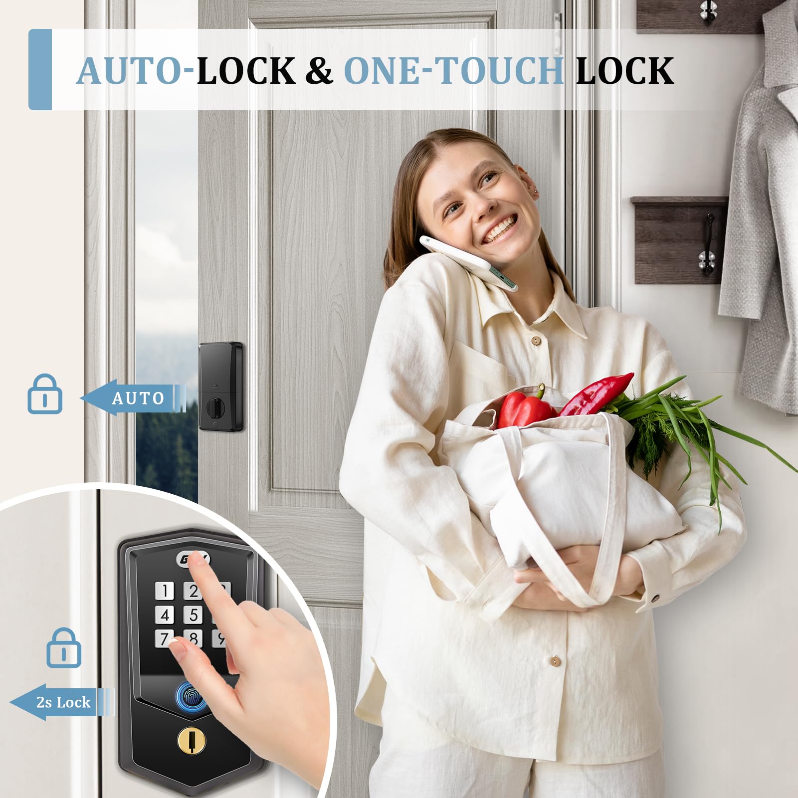 Gjv Keyless Entry Door Lock, Fingerprint, Smart Lock For Front Door, Keypad Deadbolt For Hotel Office Airbnb Home & Apartment - Matte Black