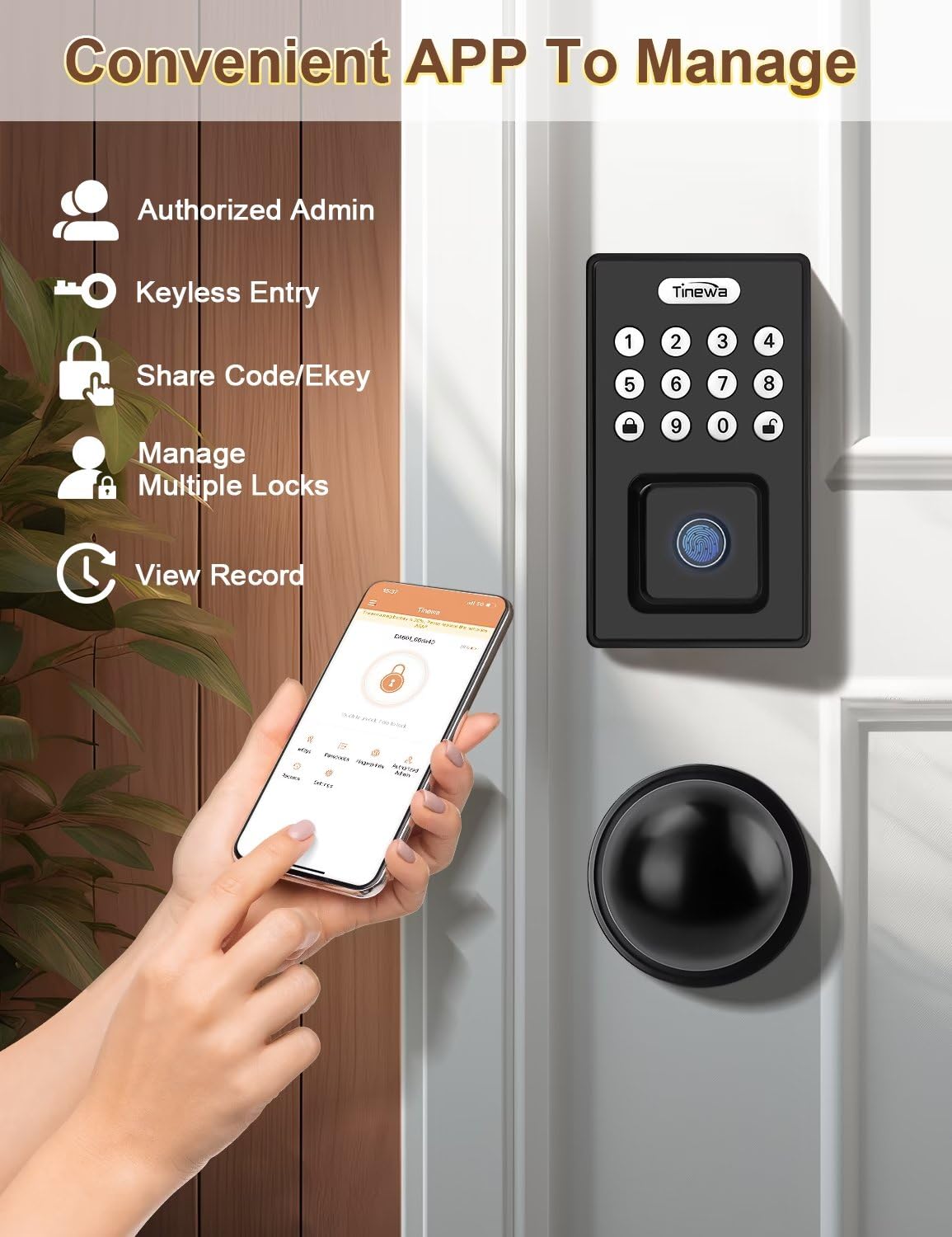 Tia Keyless Entry Door Lock With Door Knobs, Fingerprint Entry Door Handleset, Electronic Digital Keypad Deadbolt With App, Auto Lock & One Touch Locking, Front Smart Door Handle Sets, Black