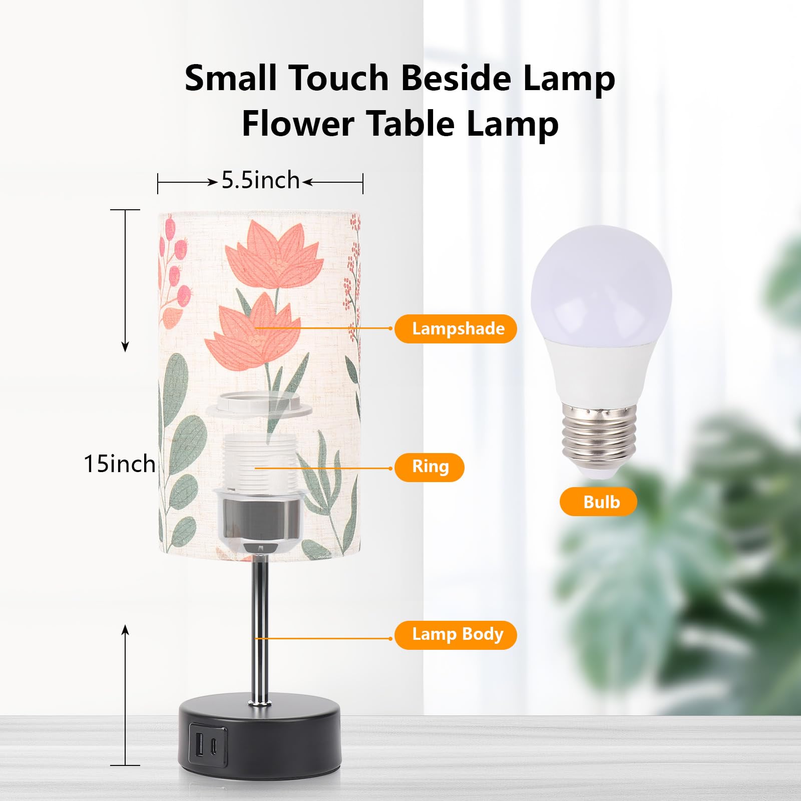 Lanmonlily Touch Control Desk Lamp With 2 Usb Ports, 3-Way Dimmable Bedside Lamp For Bedroom, Nightstand Lamp With Round Flower Fabric Shade For Living Room, Home Office