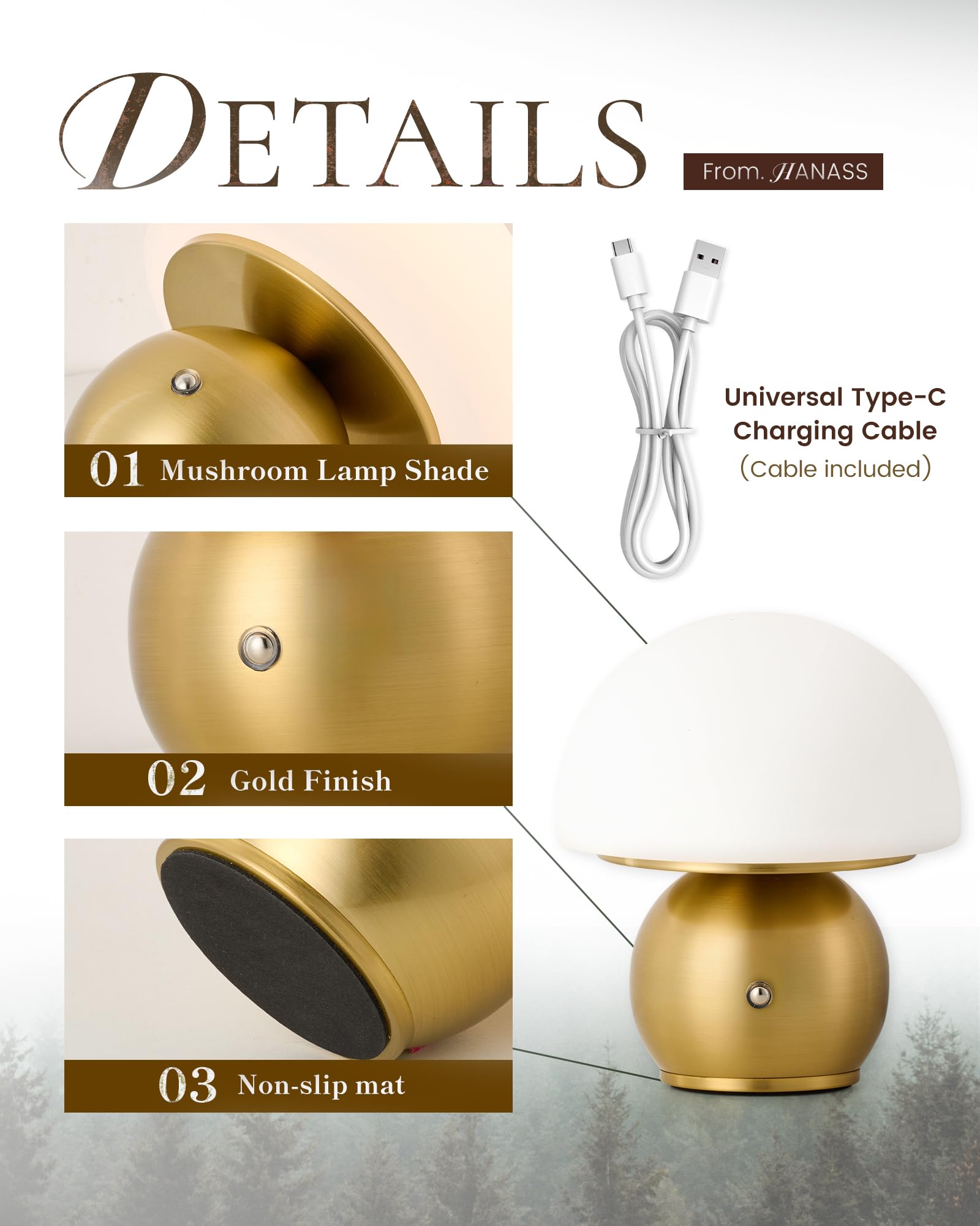 Hanass Mushroom Lamp Small Lamps, Cute Mini Cordless Lamps, Rechargeable Table Bedside Nightstand Lamp Dimmable For Bedroom With Gold Base, Mt2319-B