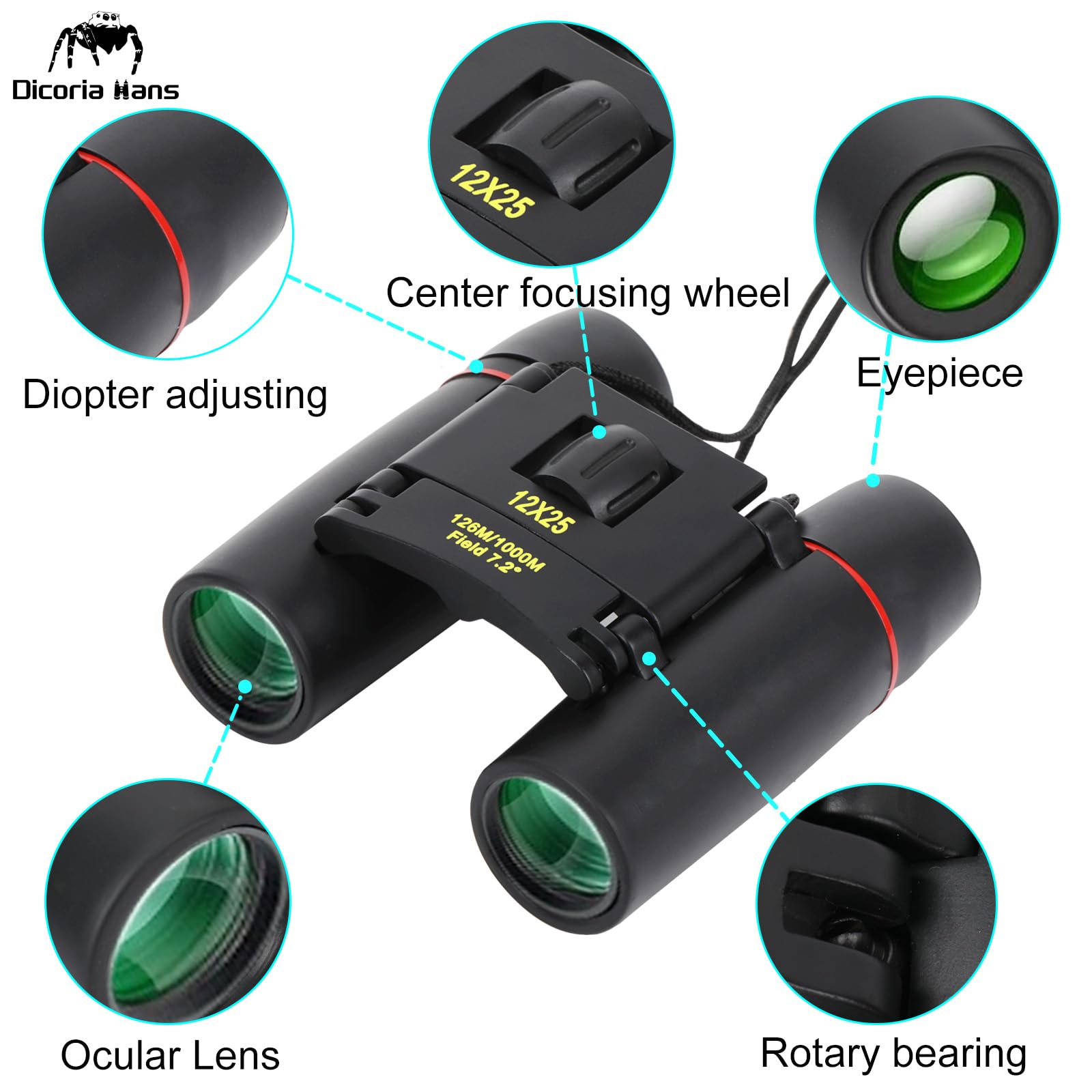 Dicoria Hans 12X25 Small Binoculars Compact Adults,Bk7-D Prism,Mini Kids Binoculars Boys For Bird Watching,Concert Theater Opera