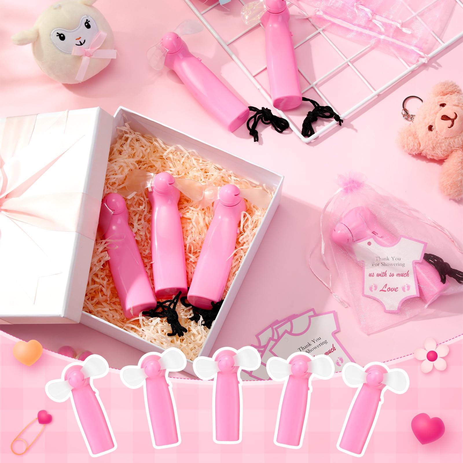 Mini handheld fans with pink design, bulk set for baby showers, gifts, and thank you cards