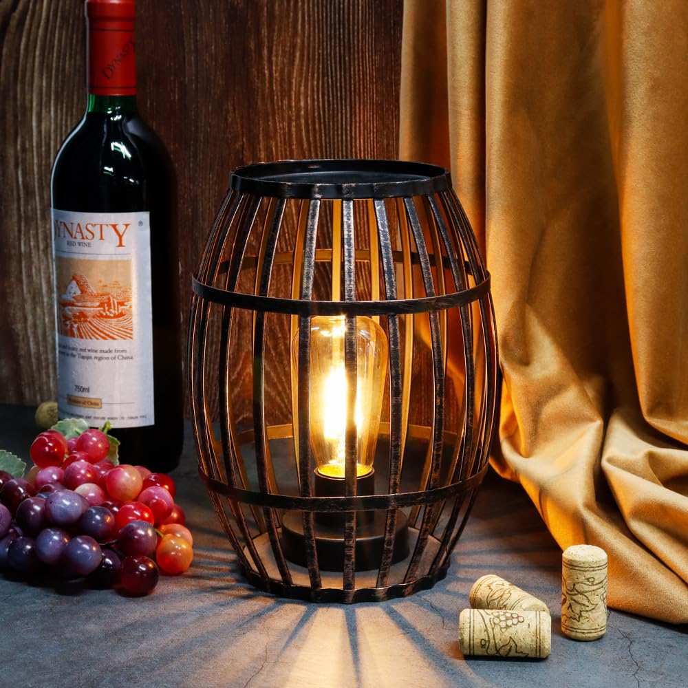 Jhy Design Decorative Table Lamp Battery Powered 8“H Cordless Metal Wine Cork Holder Lamp With 6-Hour Timer For Tabletop Home Patio Dining Room Living Room(Black Brushed Gold)