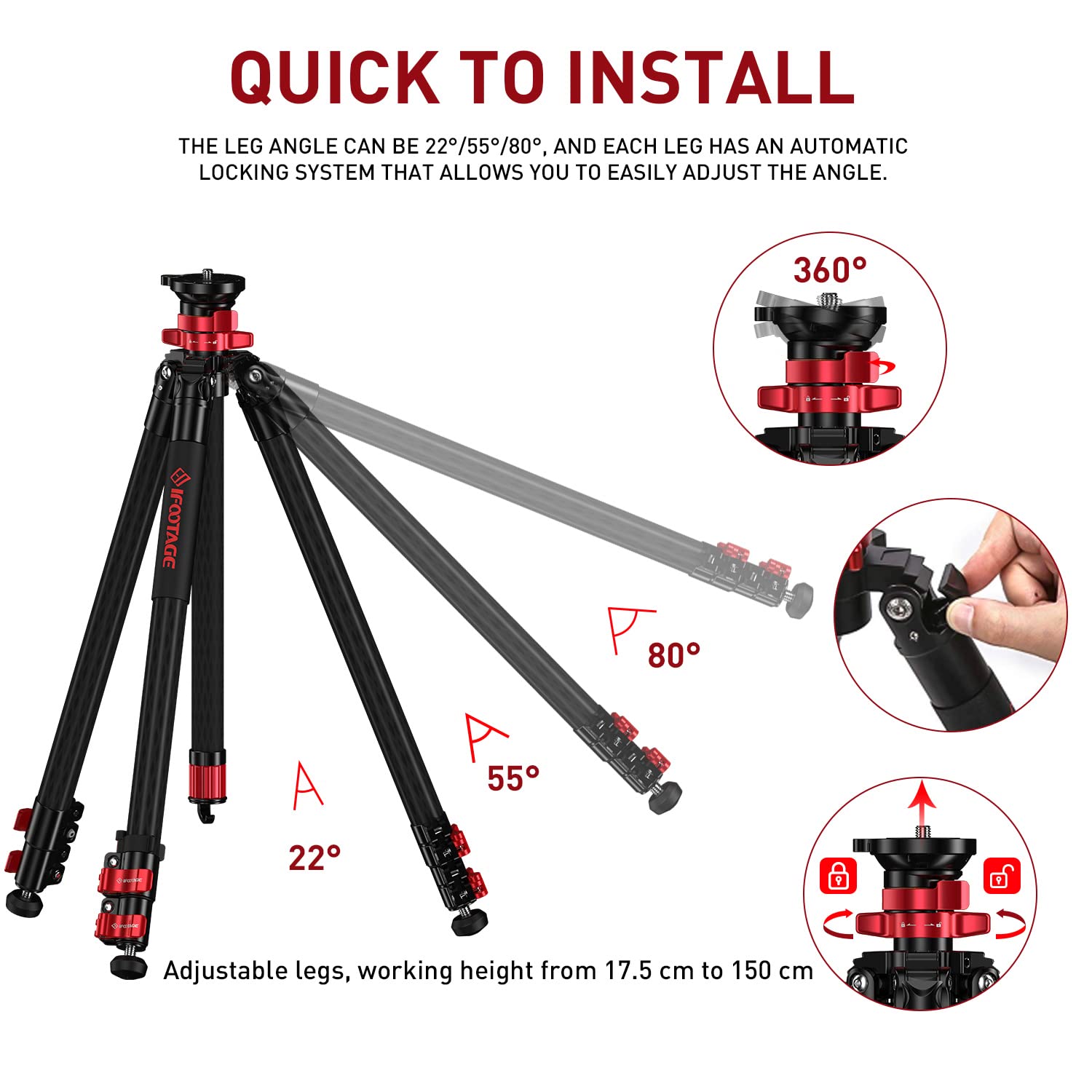 Ifootage Camera Tripod Professional Standard,Heavy Duty,Flexible Stable 360° Ball Head,Centre Column Release For Low Position,Max Payload 6Kg,65"/165Cm Ta6S