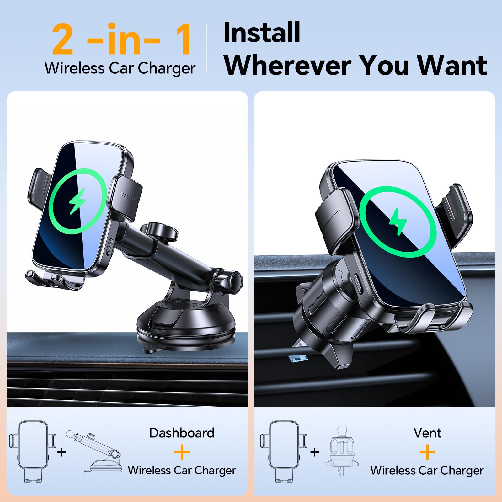 Kaistyle Wireless Car Charger Mount, Wireless Phone Charger For Car Auto Clamping Car Phone Holder Charger【 Wind + Vent + Dash 】Car Wireless Charger For Car For Iphone 16 15 14, Galaxy S24 S23 S22 Etc