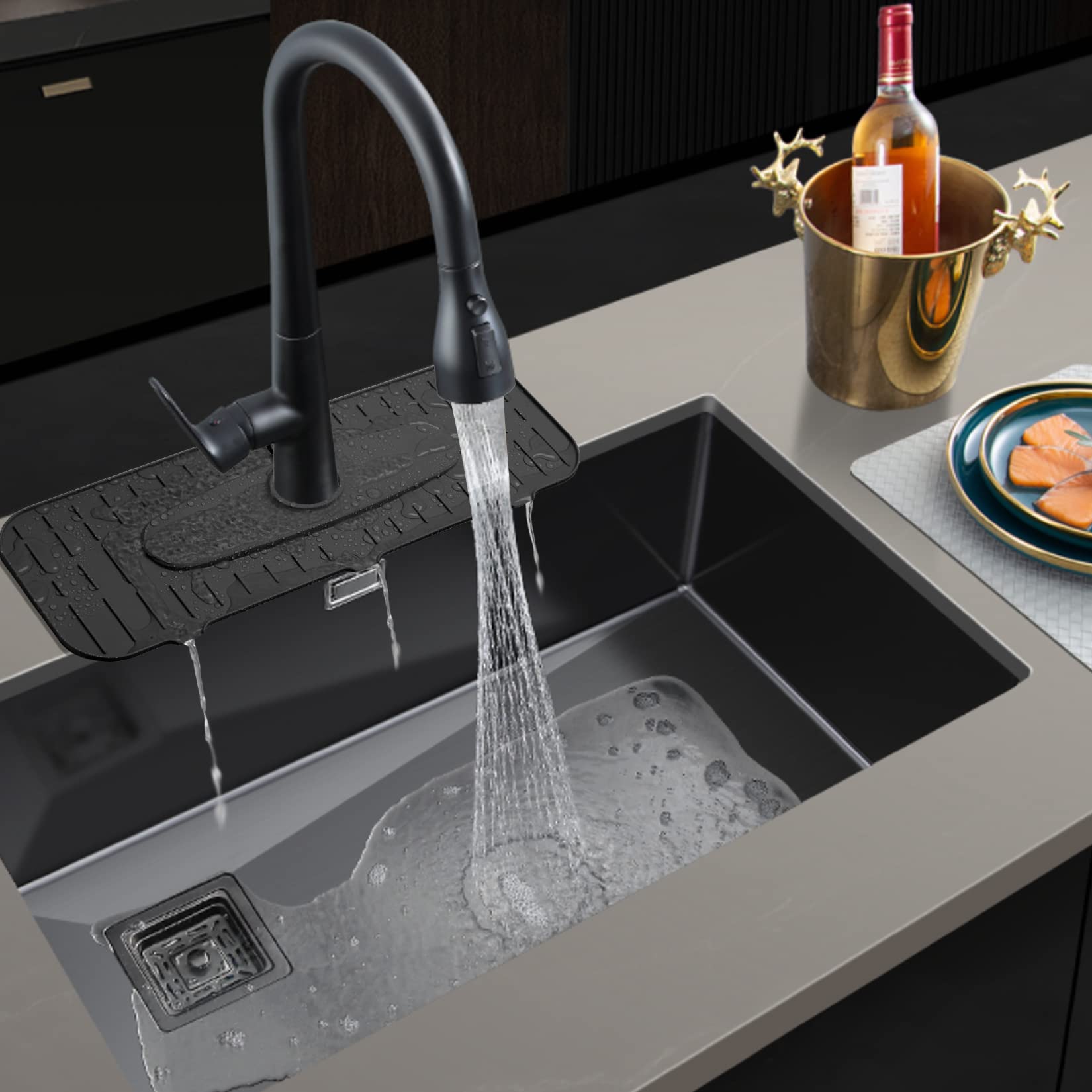 Kingmall Silicone Faucet Mat, Kitchen Faucet Mat For Drip Catcher, 100% Food Grade Silicone, Black, Deck Mount, Single Hole, Reusable, For Faucets With 1Cm(0.4 Inch) Deck Plate
