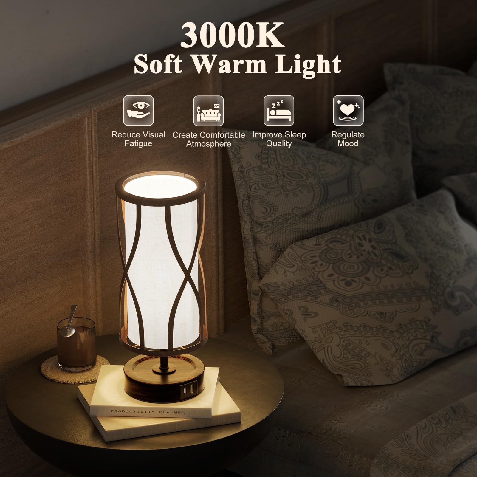 Hymela N10-2 Farmhouse Table Lamp Dimmable Touch Control Plug In Lamps Linen Rustic Desk Lamp Iimitation Wood Metal Base Vintage Nightstand Table Lamp With Usb Port For Bedroom Bedside (Bulb Included)