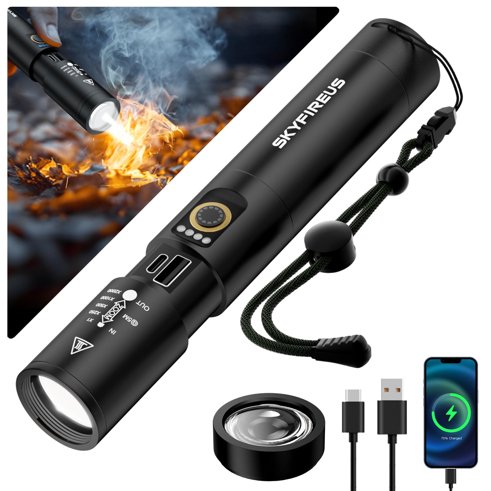 Skyfire Led Rechargeable Flashlight With Focusing Lens,2000000 Lm Super Bright Tactical Flashlights High Lumens,Five Modes,Camping Flash Light For Outdoor,Emergency-Black