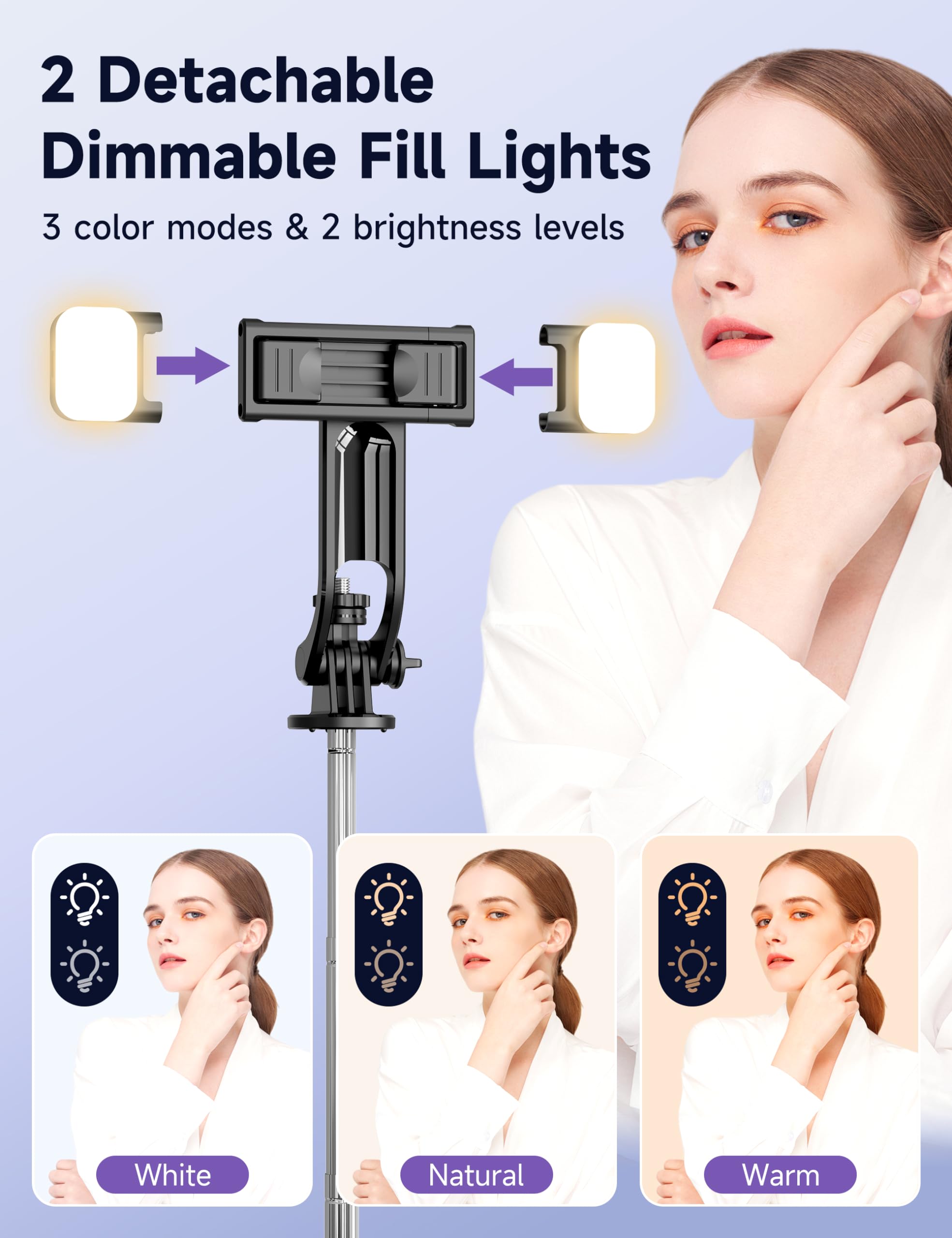 Selfieshow 53'' Selfie Stick Tripod With Light, Extendable Selfie Stick With Remote, Portable Cell Phone Tripod Stand With All In 1 Phone Clip, Lightweight Camera Tripod Compatible With Iphone 15 14 13, Android