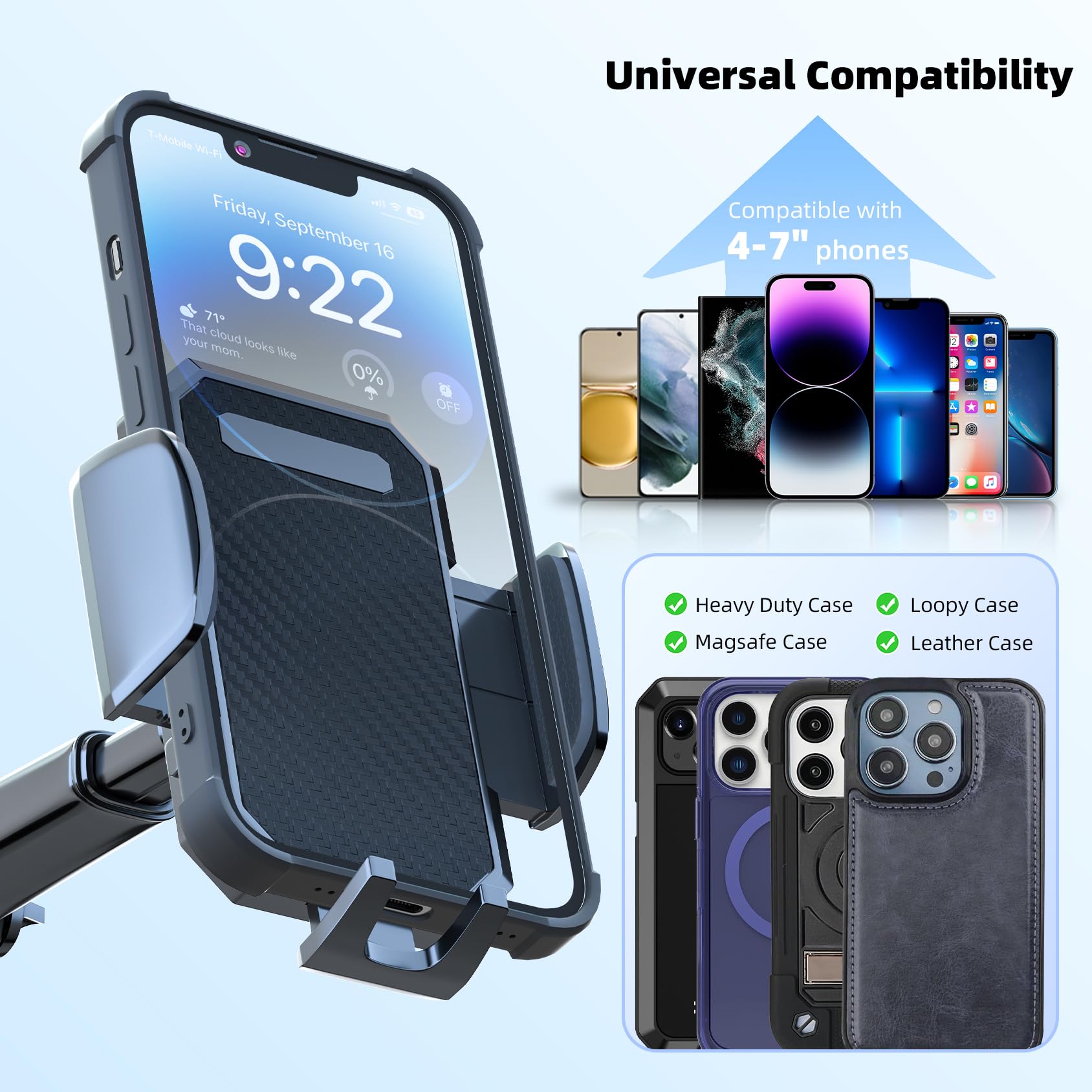 Fbb Phone Mount For Car, [ Off-Road Level Suction Cup Protection ] 3In1 Long Arm Suction Cup Holder Universal Cell Phone Holder Mount Dashboard Windshield Vent Compatible With All Smartphones