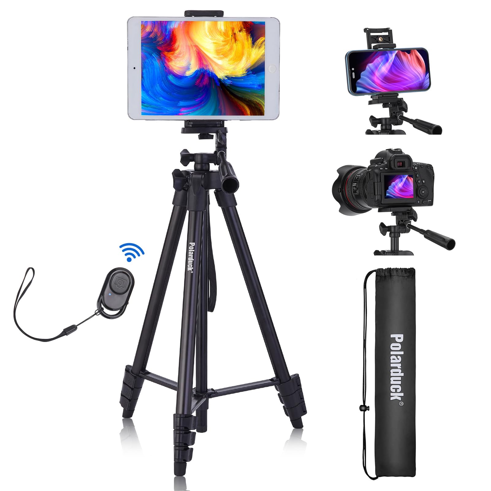 Polarduck 60" Camera Phone Tripod Stand For Iphone And Ipad Compatible With Canon Rebel Eos Nikon Sony Dslr & Tablet With Phone Holder, Wireless Remote & Carry Bag