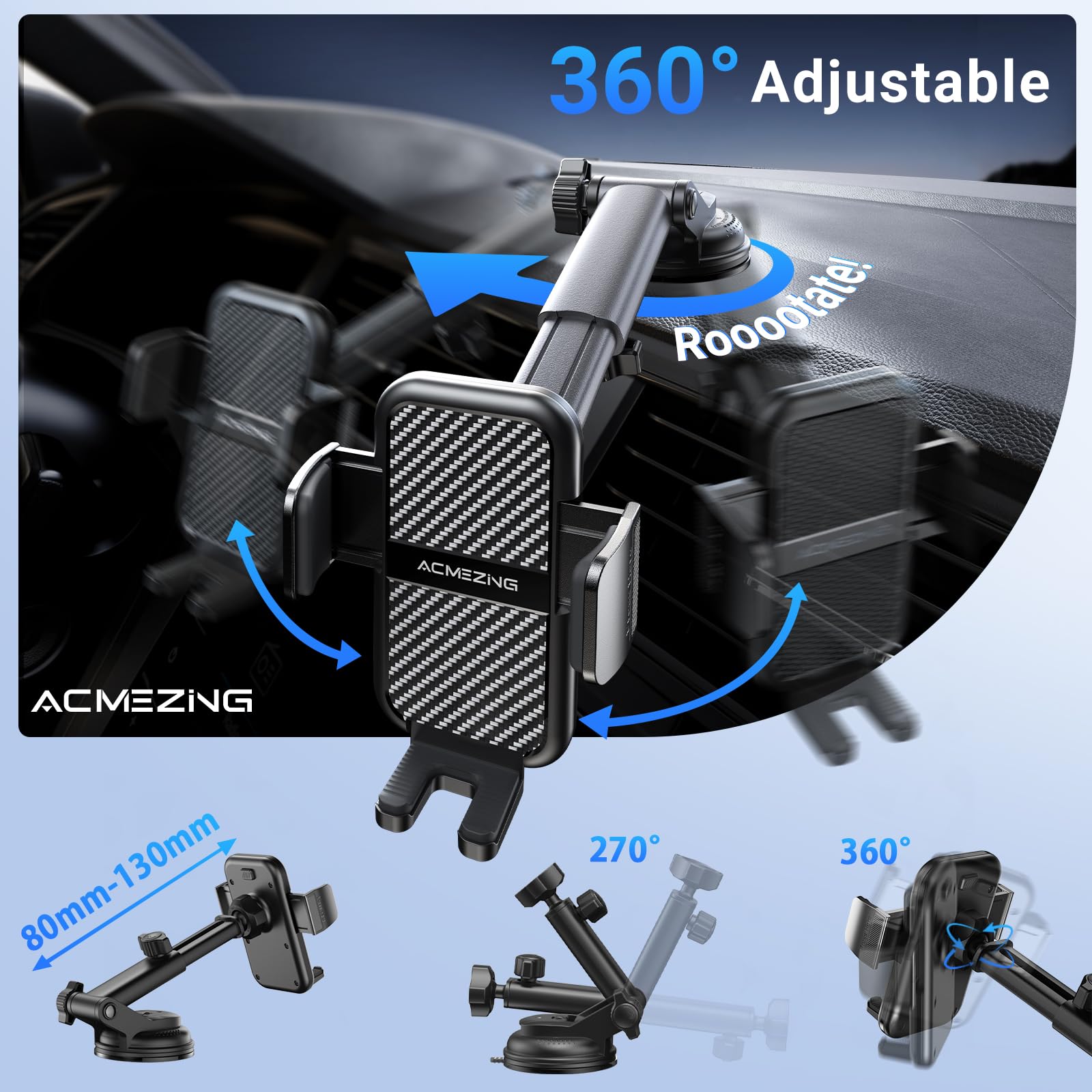 Acmezing 3-In-1 Car Phone Holder [122+Lbs Strongest Suction & Stable Clamp Arm] 360° Adjustable Car Phone Mount, Cell Phone Holders For Your Car For Dashboard Vent, All Smartphones & Car Models (Black)