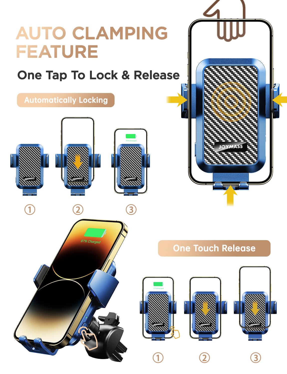 Joymass Wireless Car Charger, 15W Fast Charging Auto Clamping Car Charger Cell Phone Holder Mount Vent For Iphone 15 14 13 12 Mini Pro Max, Samsung Galaxy S24 Ultra S23 S22 S21+ Note 20, Etc - Blue