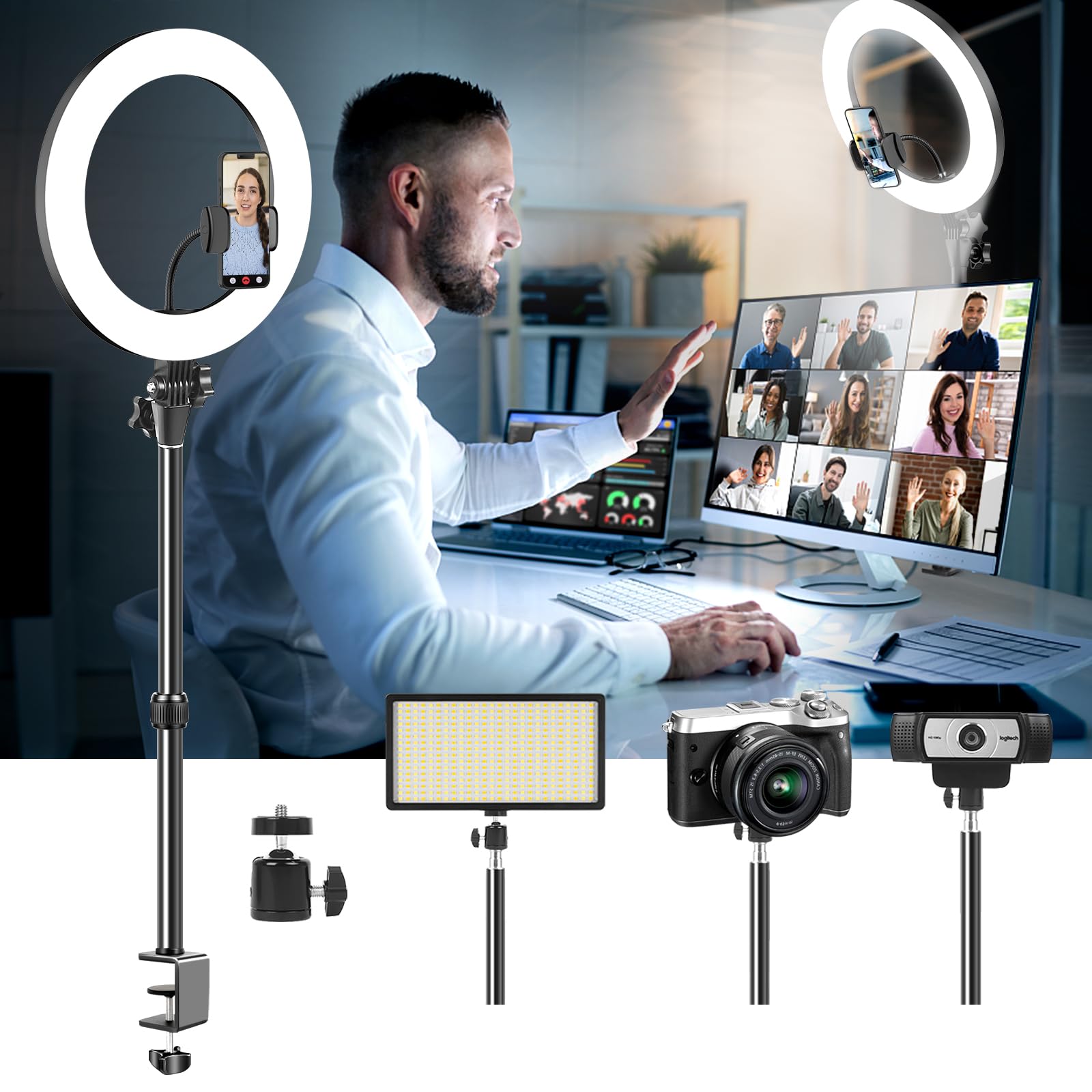 Evershop Ring Light For Computer Video Conferencing/Zoom Meeting/Studio-12 '' Desk Ring Light With Mount Stand,Stream Light With 13.5-22.7 In Adjustable Clamp Stand & Phone Holder For Webcam/Camera