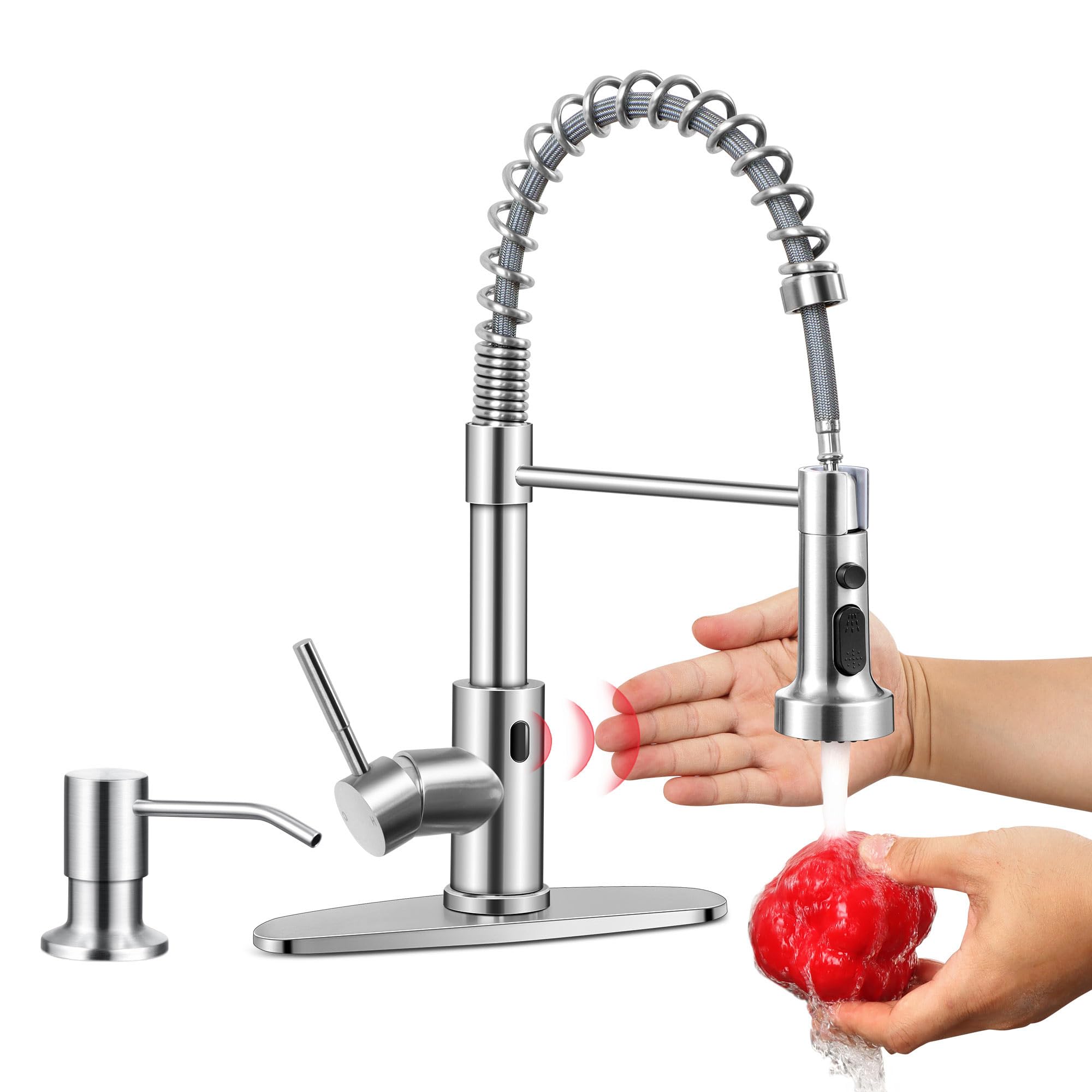 Homikit Touchless Kitchen Faucet With Soap Dispenser, Brushed Nickel Stainless Steel Smart Automatic Motion Sensor Spring Kitchen Sink Faucets With Pull Down Sprayer For Vanity Laundry Rv