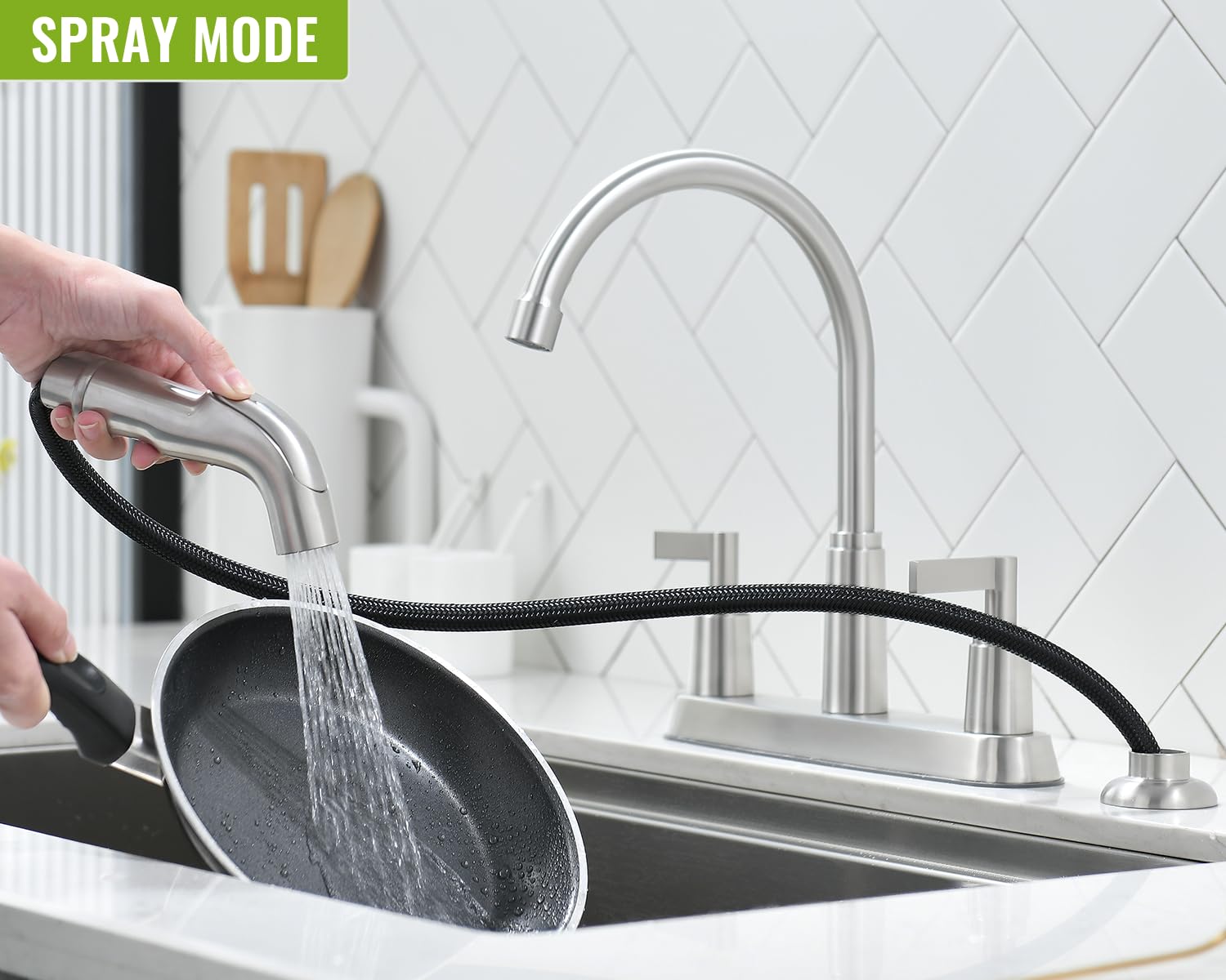 Rainmax Kitchen Faucet With Sprayer, Brushed Nickel Stainless Steel Kitchen Sink Faucet With Side Sprayer, 3 Hole Or 4 Hole Faucet For Kitchen Sink, Commercial Rv Laundry Utility Kitchen Faucet Kmf023L-1