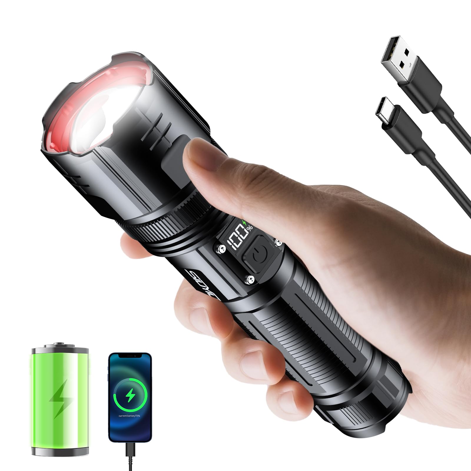 Siuyiu Flashlights High Lumens, 5500 Lumens Rechargeable Flashlight With Lcd Digital Power Display, Zoomable Led Super Bright Flash Light, 4 Mode, Ipx5 Waterproof For Camping, Emergencies And Outdoor