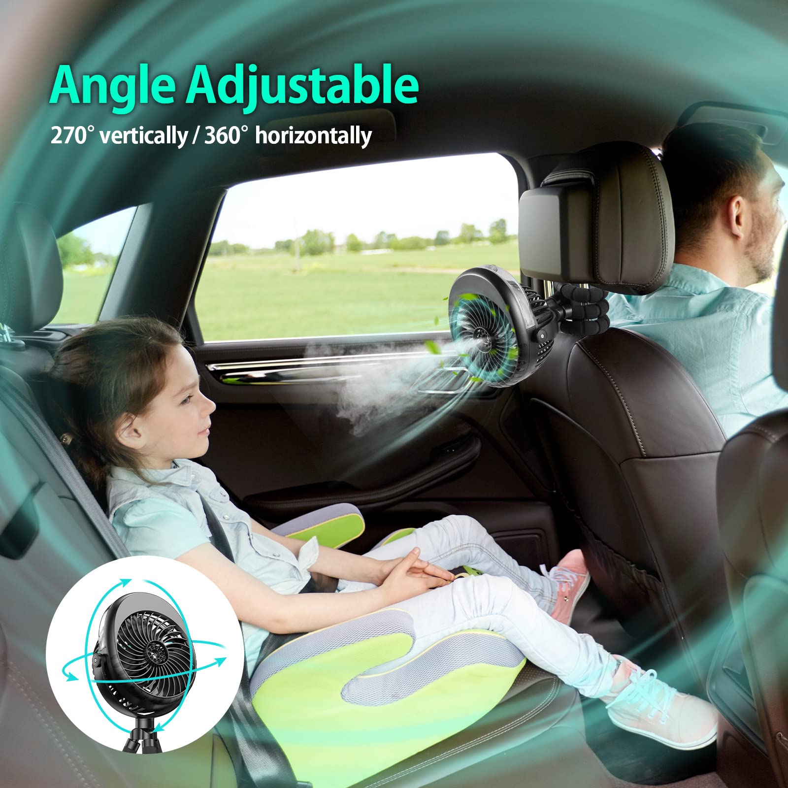 Portable Stroller Fan With Mist, Rechargeable Misting Fan With Flexible Tripods, 360° Pivot Personal