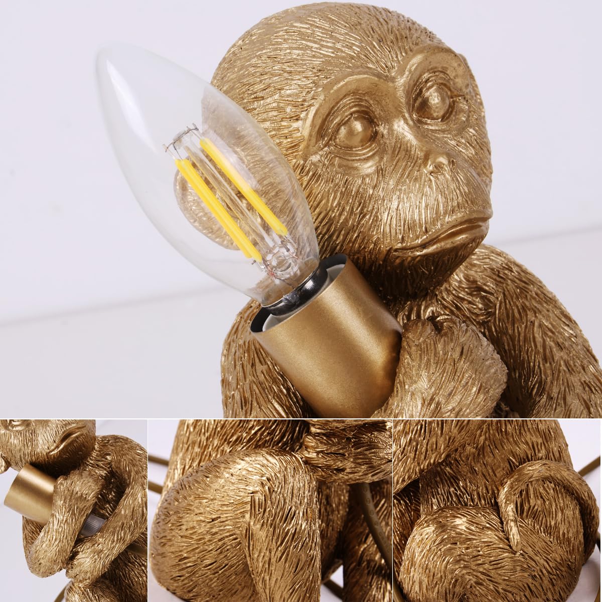 Jorunhe Hand-Carved Resin Monkey Table Lamp - Artistic Small Animal Desk Light For Bedroom, Living Room & Cafe Decor, E12 Socket (Bulb Not Included), 7.9" Height