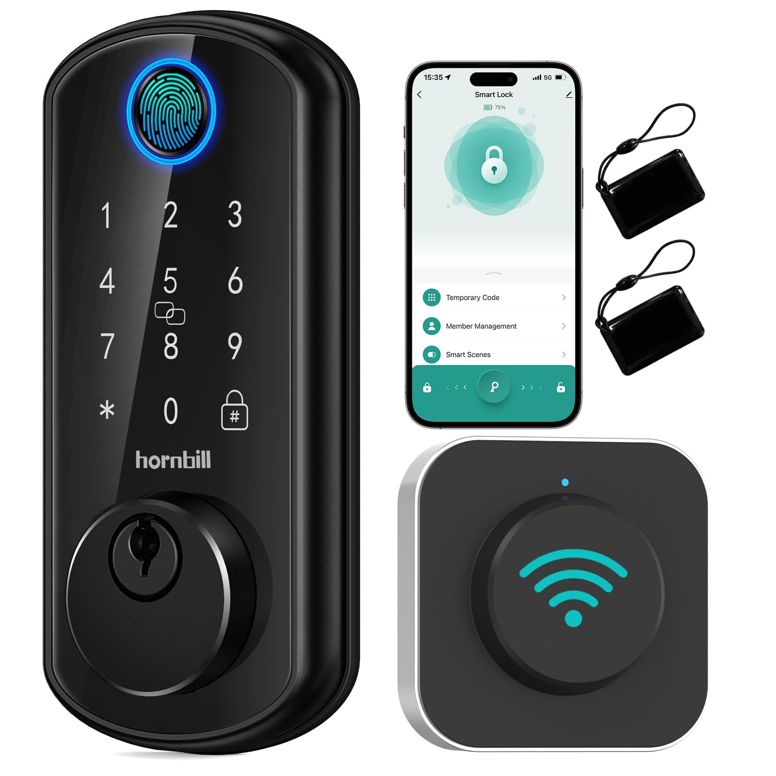 Hornbill Smart Wifi Front Door Lock: Keyless Entry Fingerprint Deadbolt - Alexa Bluetooth Electronic Keypad Door Locks For House Apartment Auto Lock App Remote Control Black