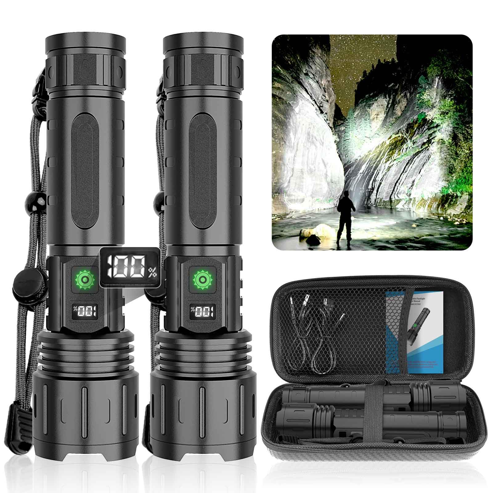 Danbyte Rechargeable Led Flashlights High Lumens,20000 Lumens &1500 Meters Super Bright Tactical Flashlight With 5 Modes,Waterproof,Powerful Handheld Flash Light For Emergencies,Hurricane,Hiking,2Pack