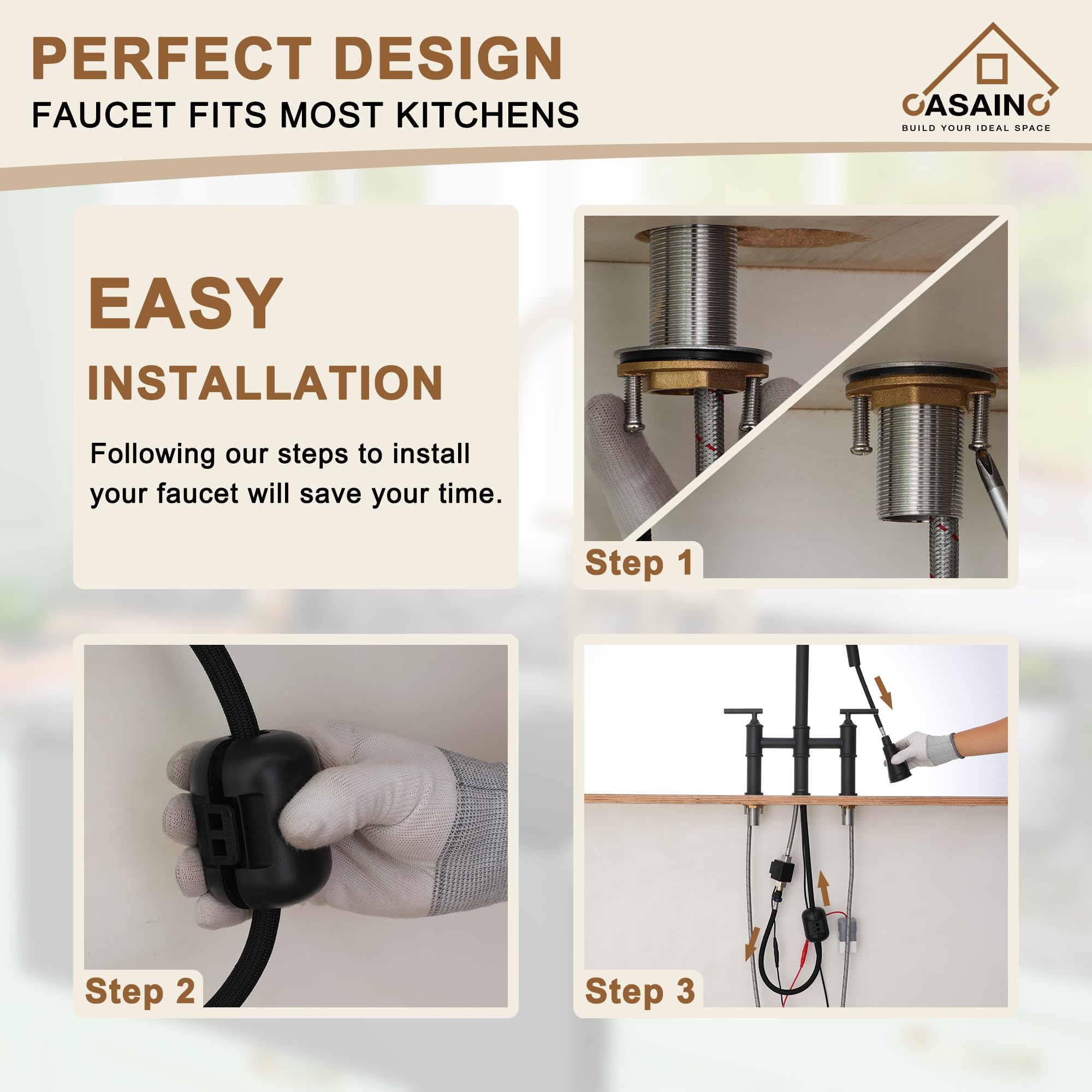 Casainc Bridge Kitchen Faucet, Motion Sensor Kitchen Faucet For Sink 1/3 Hole Matt Black Kitchen Sink Faucet, Doublehandle 8 Inch Centerset Bridge Faucet For Kitchen/Rv/Patio Sink Remodel