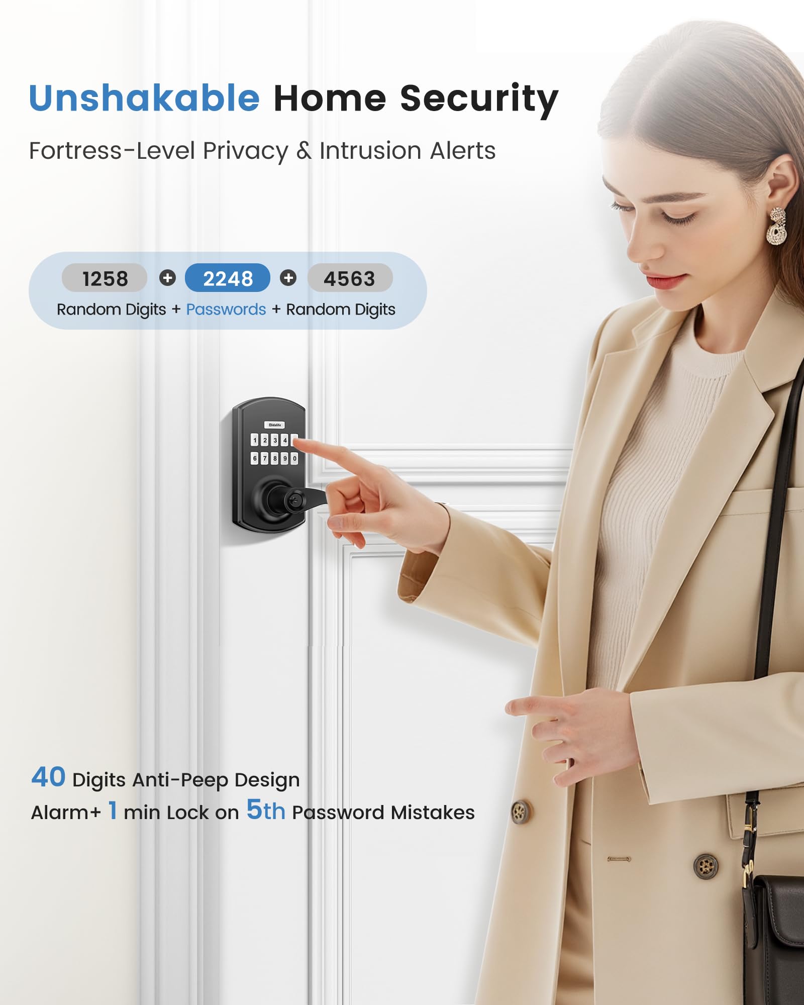 Hidalife Keypad Door Lock With Handle, Keyless Entry For Front Door, Manual Passage Mode, Matte Black